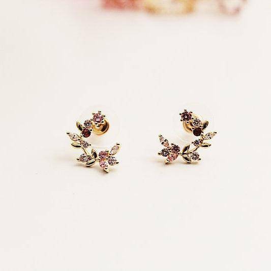 Leaf Wreath Earrings - Crystal Flower and Leaves Gold Circle Stud Earrings-Ninaouity