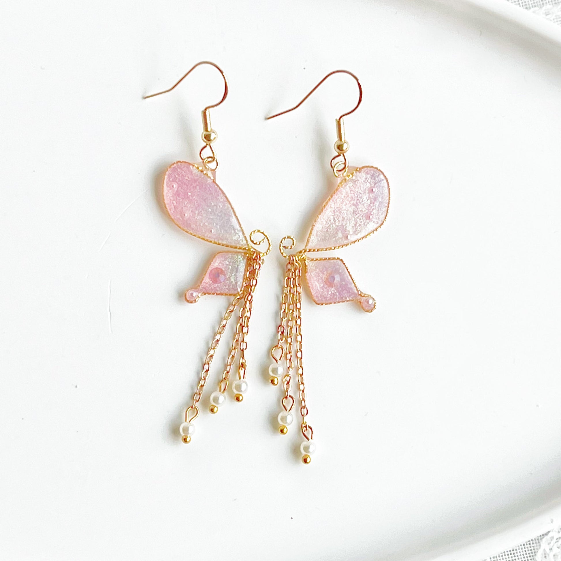 Light Pink Sparkle Glitter Butterfly Wing Earrings-Ninaouity