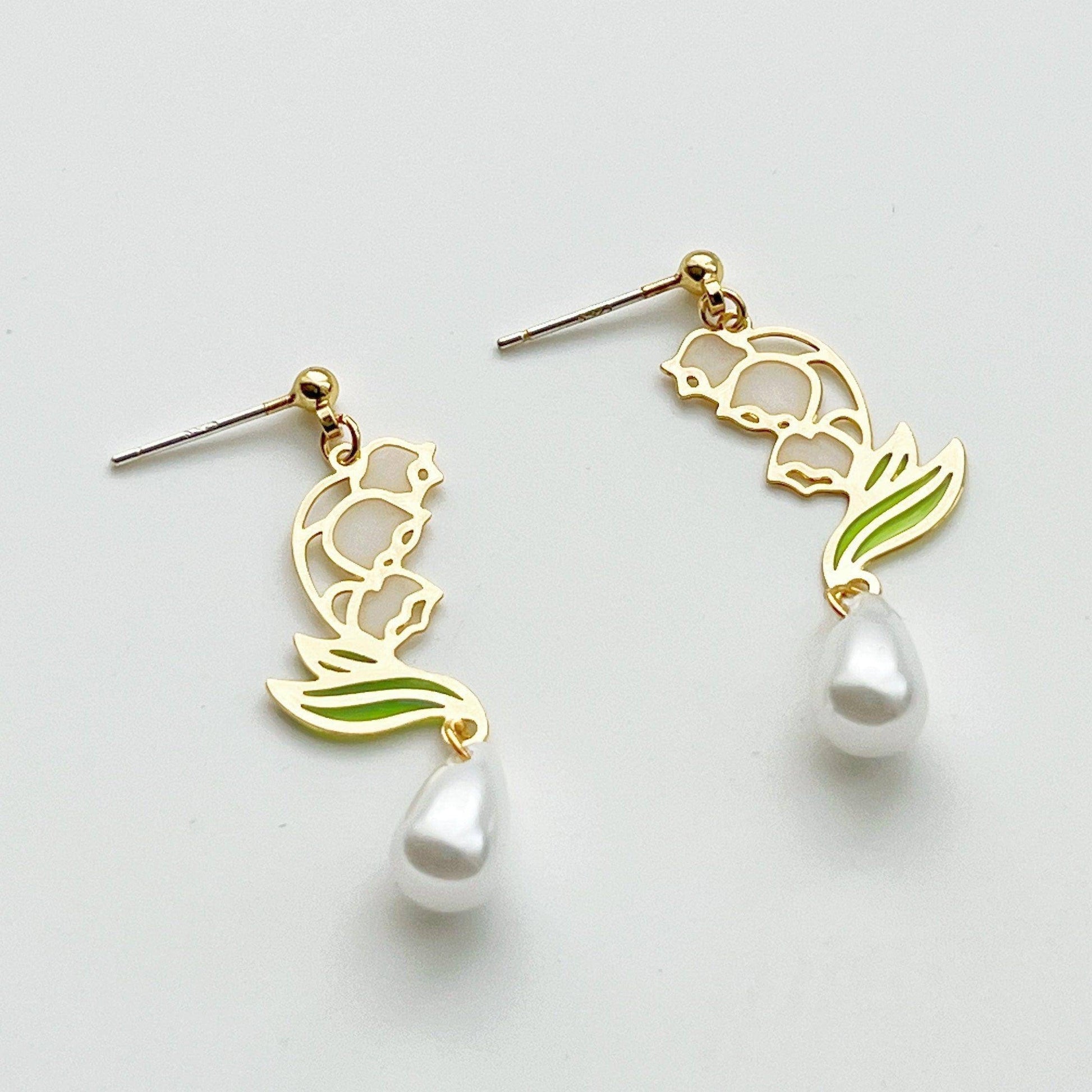 Lily of the Valley Earrings - White Bell Shape Flower Drop Earrings-Ninaouity