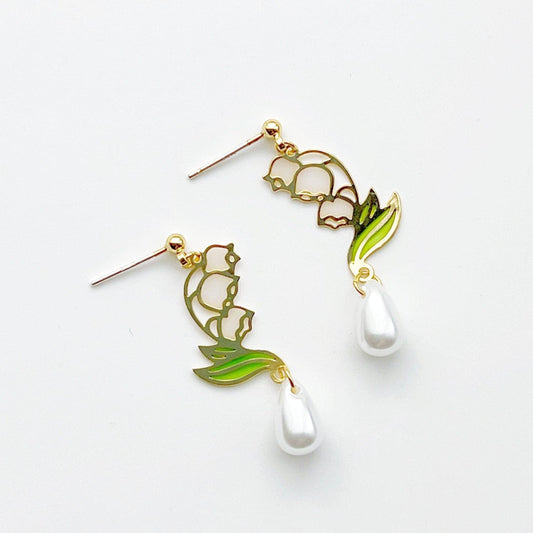 Lily of the Valley Earrings - White Bell Shape Flower Drop Earrings-Ninaouity