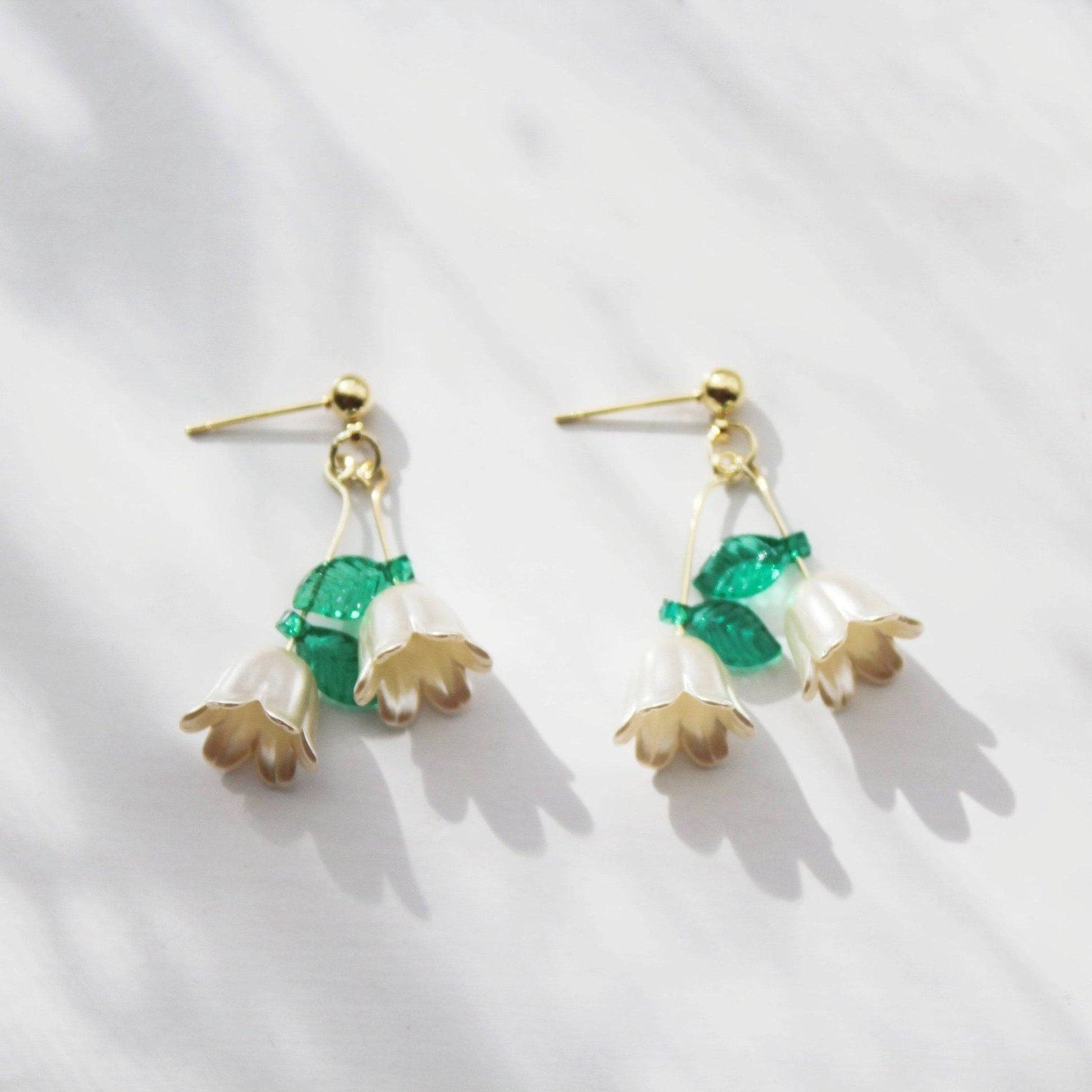 Lily of the Valley White Flower with Green Leaves Earrings-Ninaouity