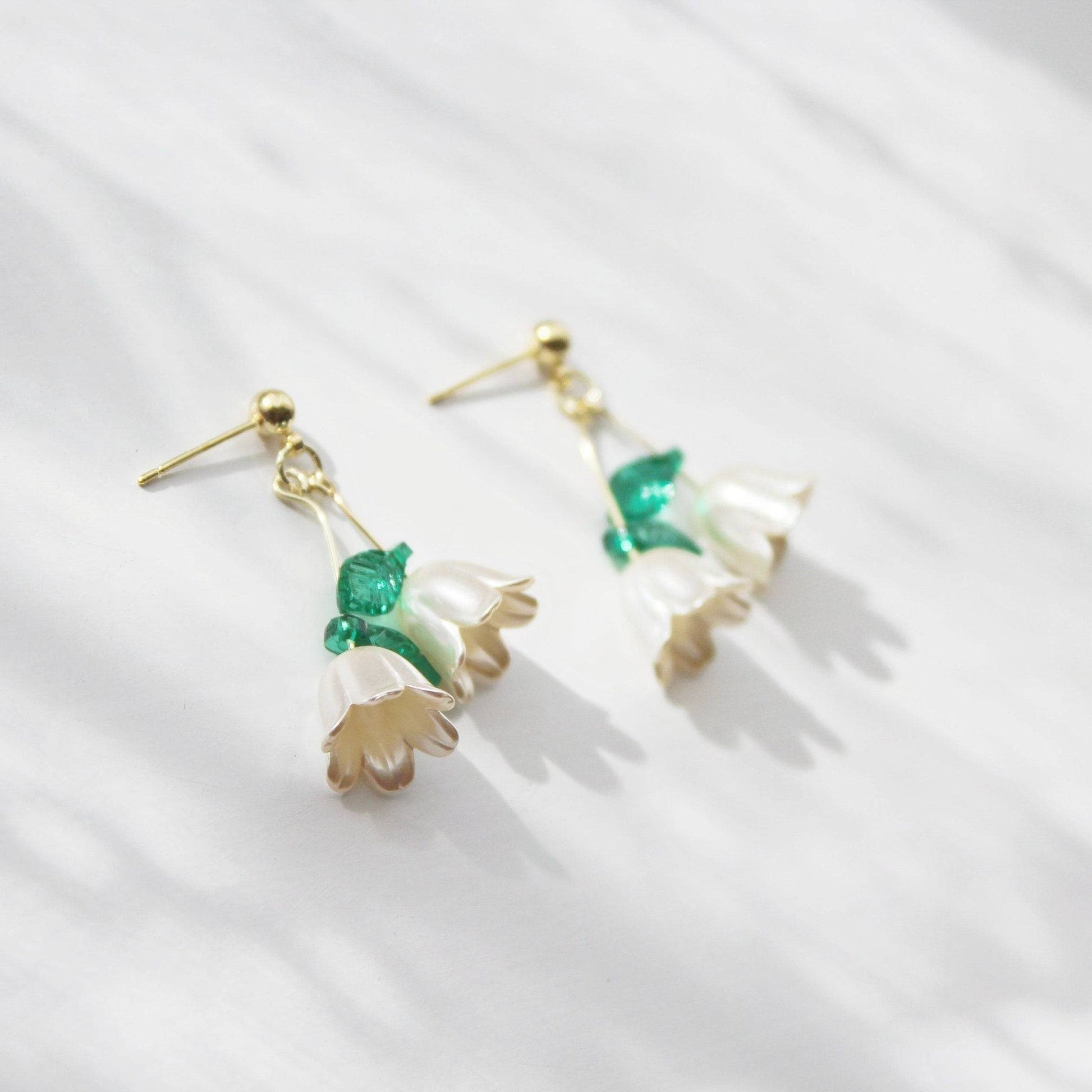 Lily of the Valley White Flower with Green Leaves Earrings-Ninaouity