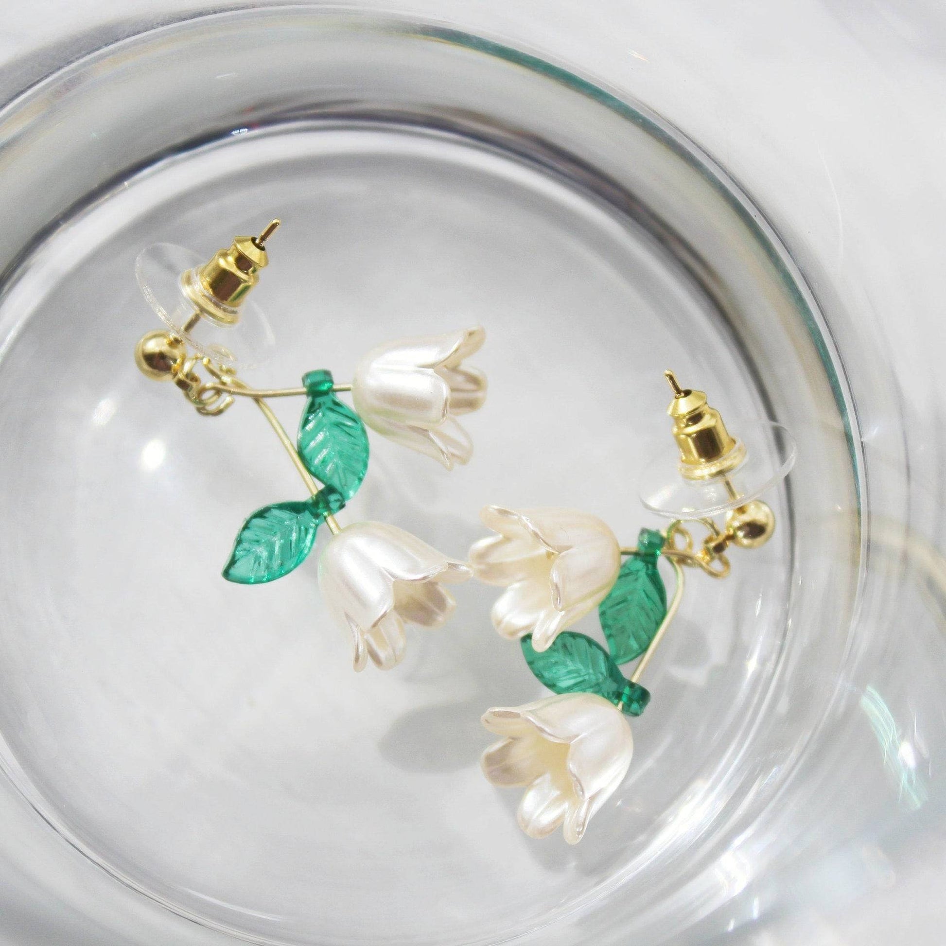 Lily of the Valley White Flower with Green Leaves Earrings-Ninaouity