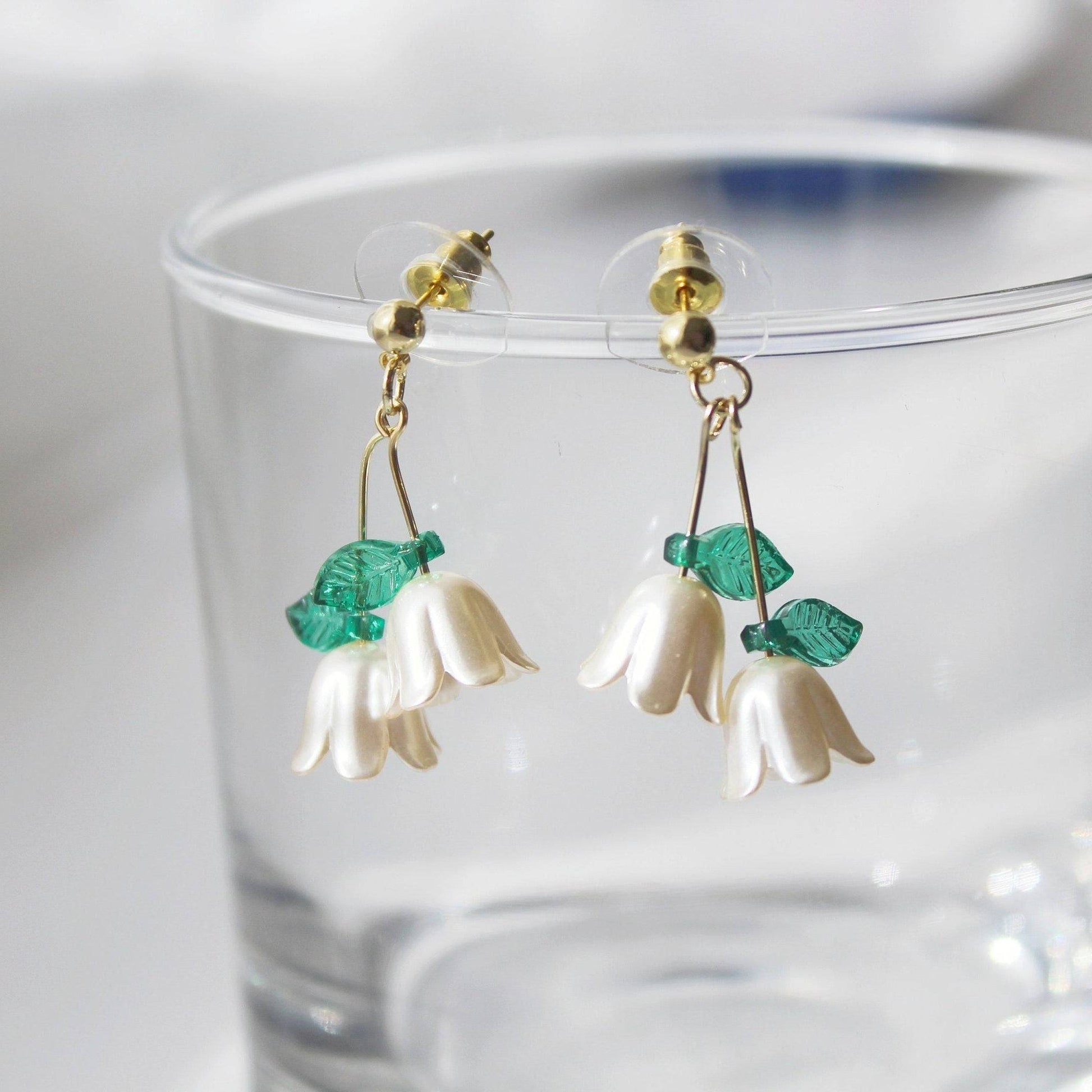 Lily of the Valley White Flower with Green Leaves Earrings-Ninaouity