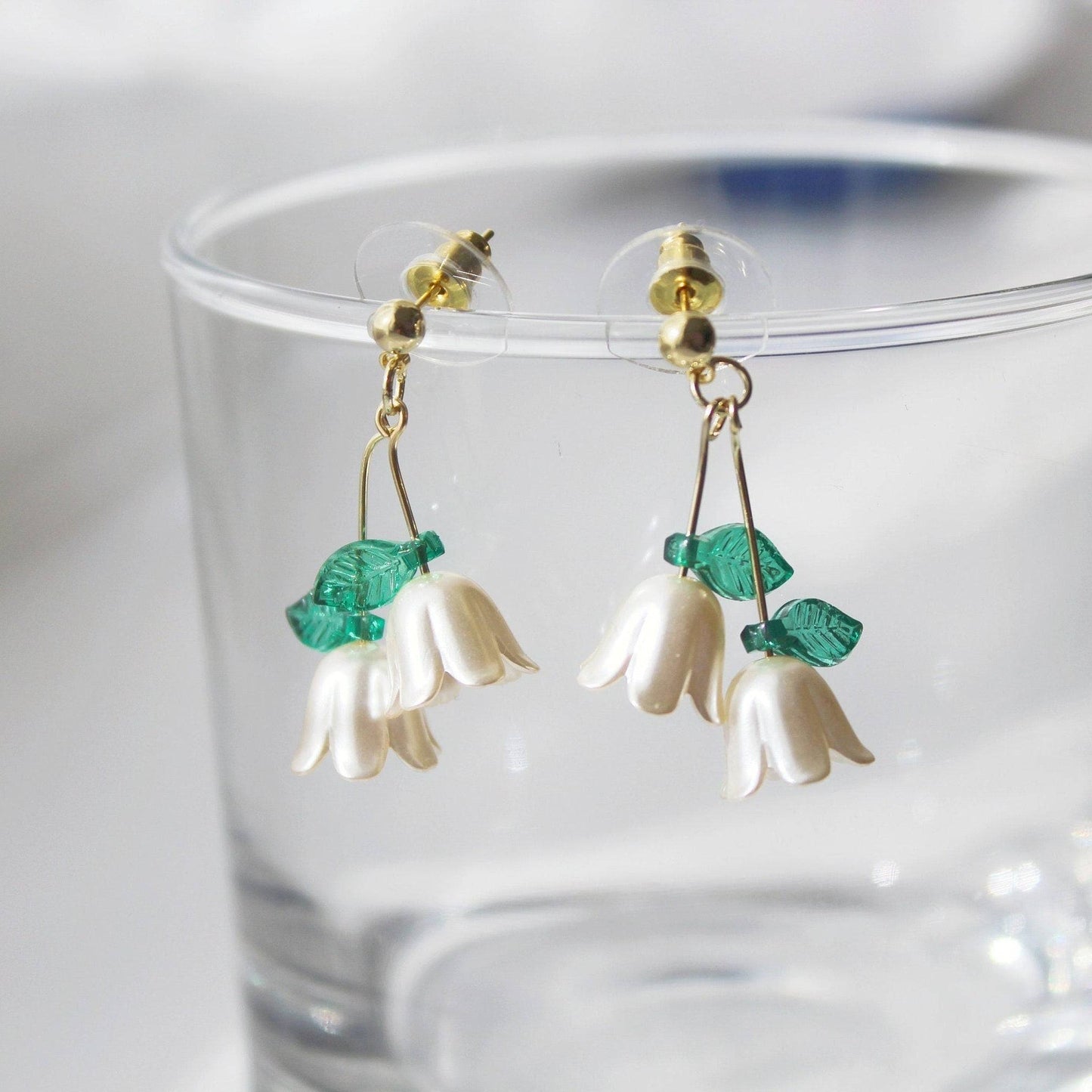 Lily of the Valley White Flower with Green Leaves Earrings-Ninaouity