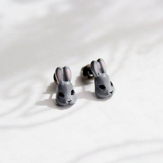 Little Bunny Earrings - White and Grey Rabbit Head Studs Earrings-Ninaouity