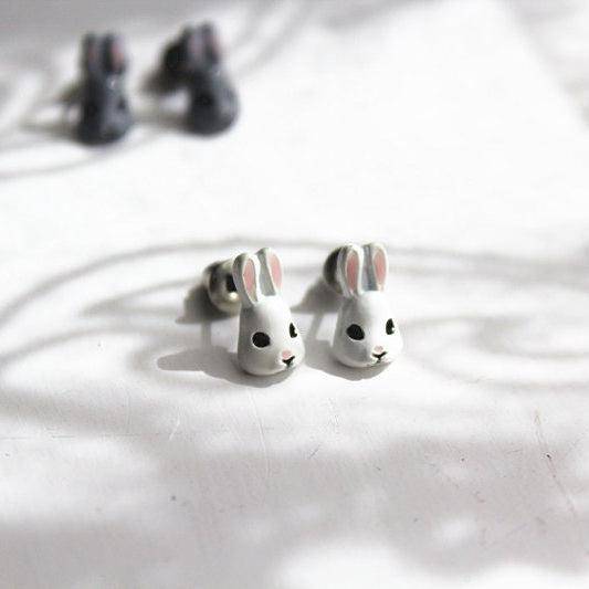 Little Bunny Earrings - White and Grey Rabbit Head Studs Earrings-Ninaouity