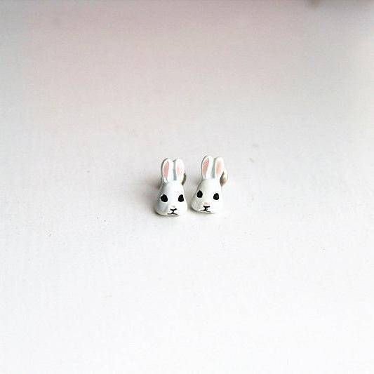 Little Bunny Earrings - White and Grey Rabbit Head Studs Earrings-Ninaouity