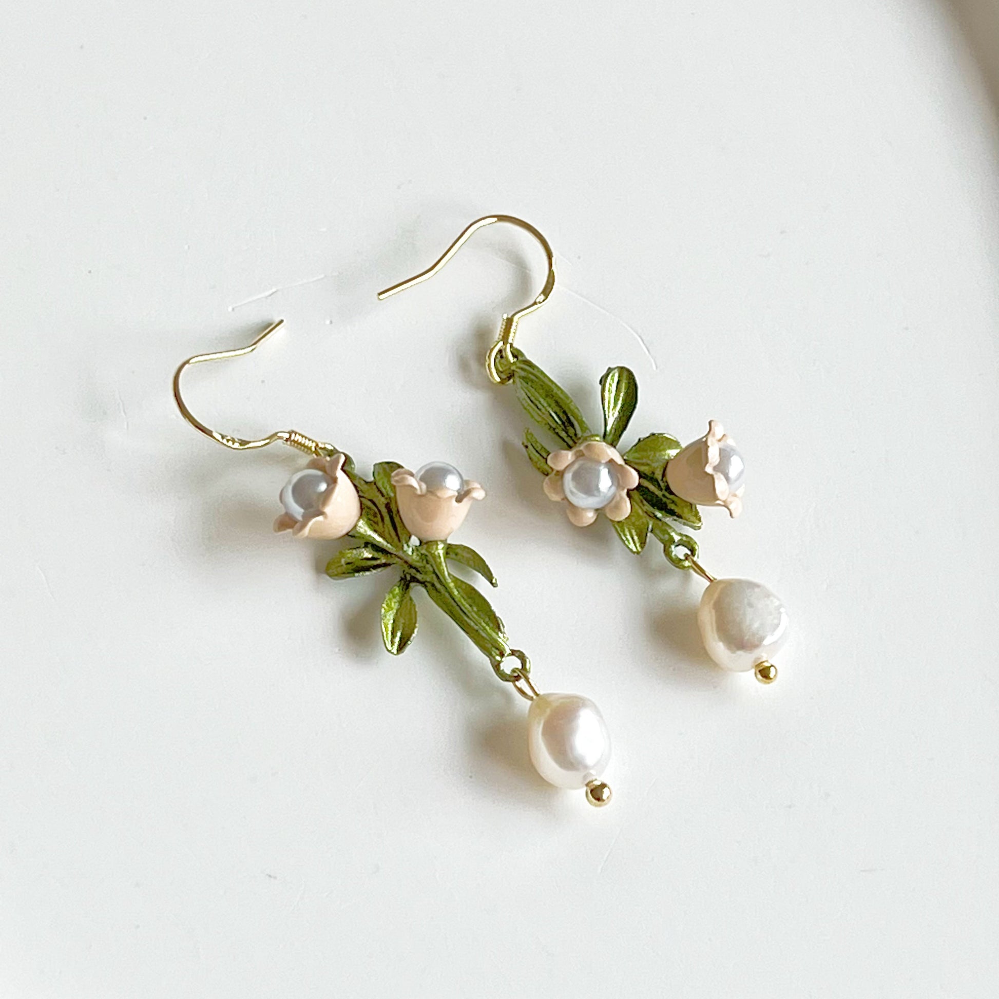Little White Bell Flower with Pearl Drop Earrings-Ninaouity