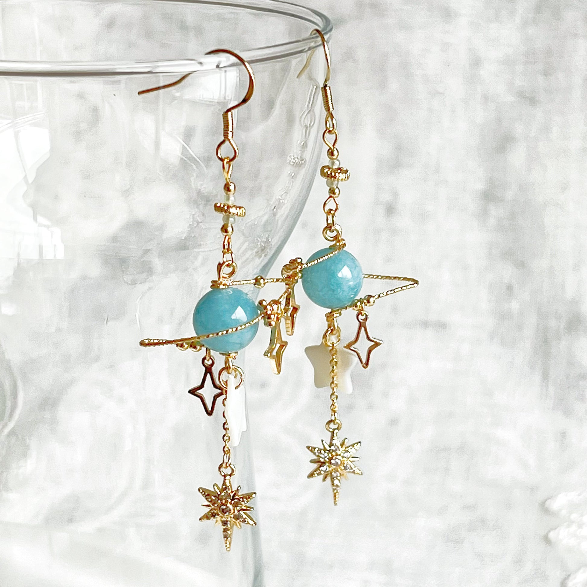 March Birthstone Aquamarine Planet and Star Earrings-Ninaouity