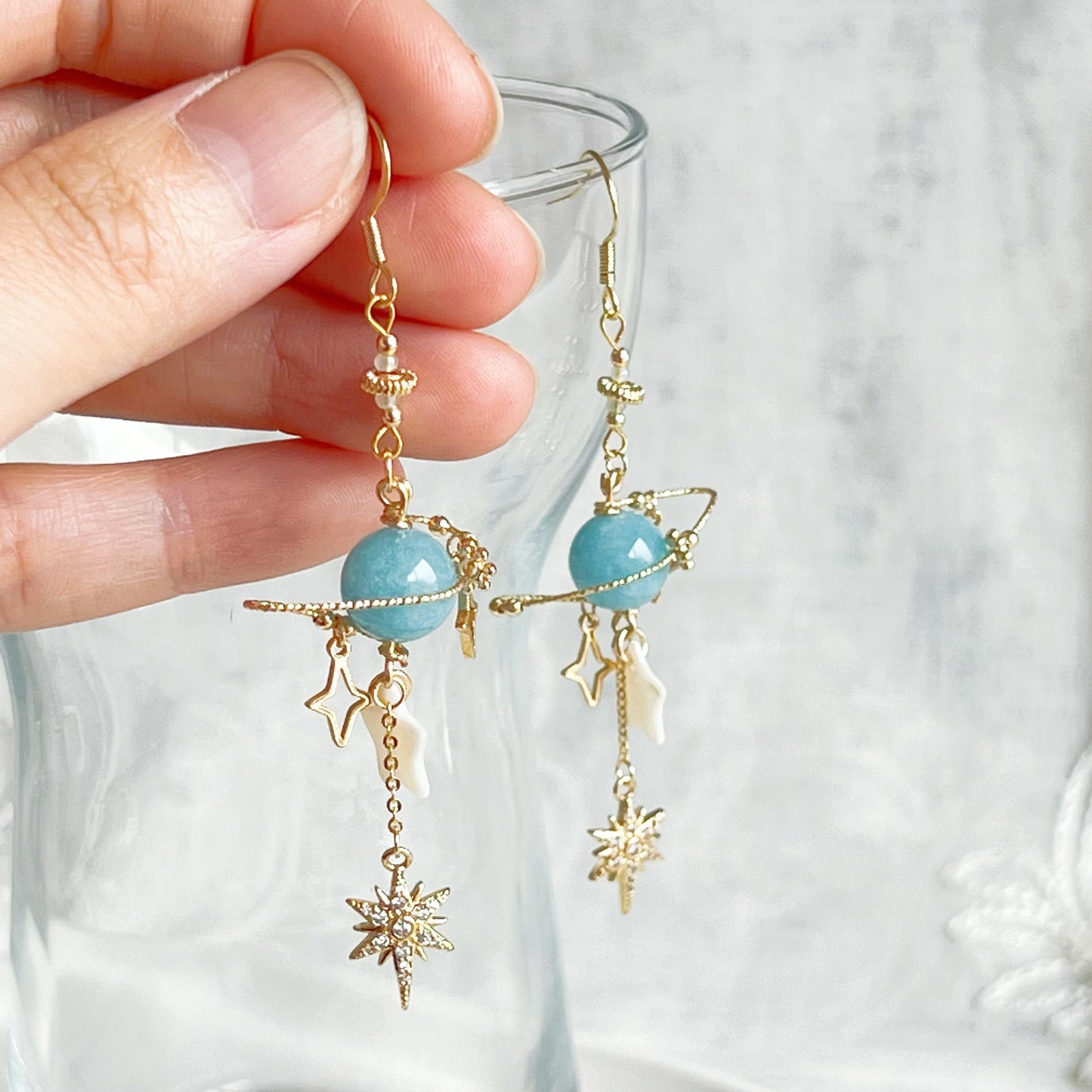 March Birthstone Aquamarine Planet and Star Earrings-Ninaouity