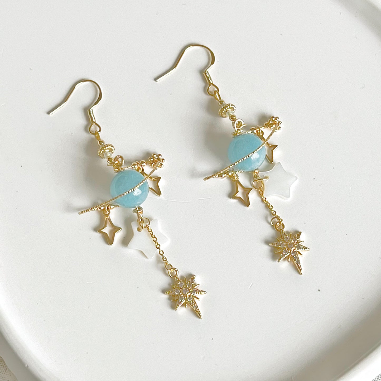 March Birthstone Aquamarine Planet and Star Earrings-Ninaouity