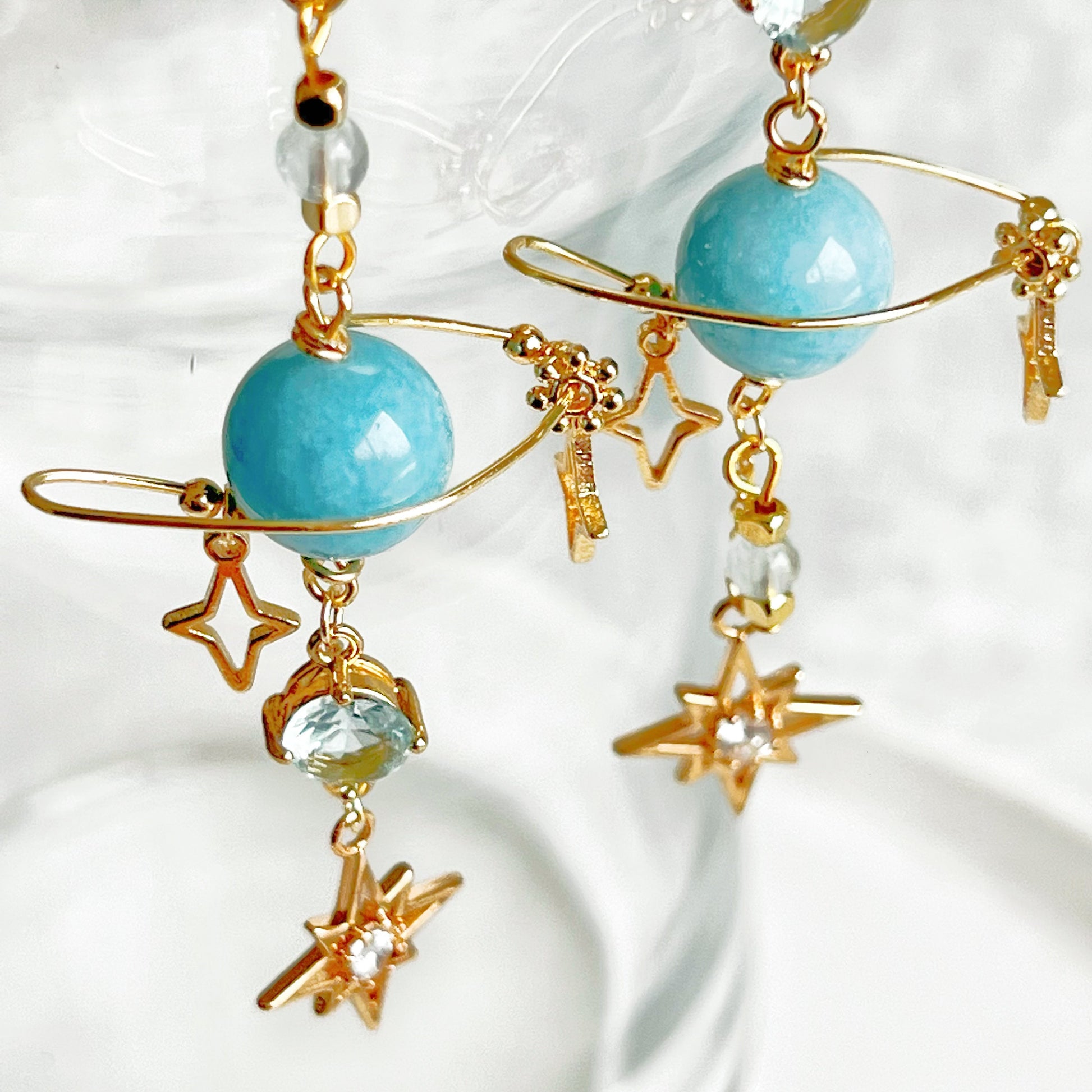 March Birthstone Aquamarine Planet Drop Earrings-Ninaouity