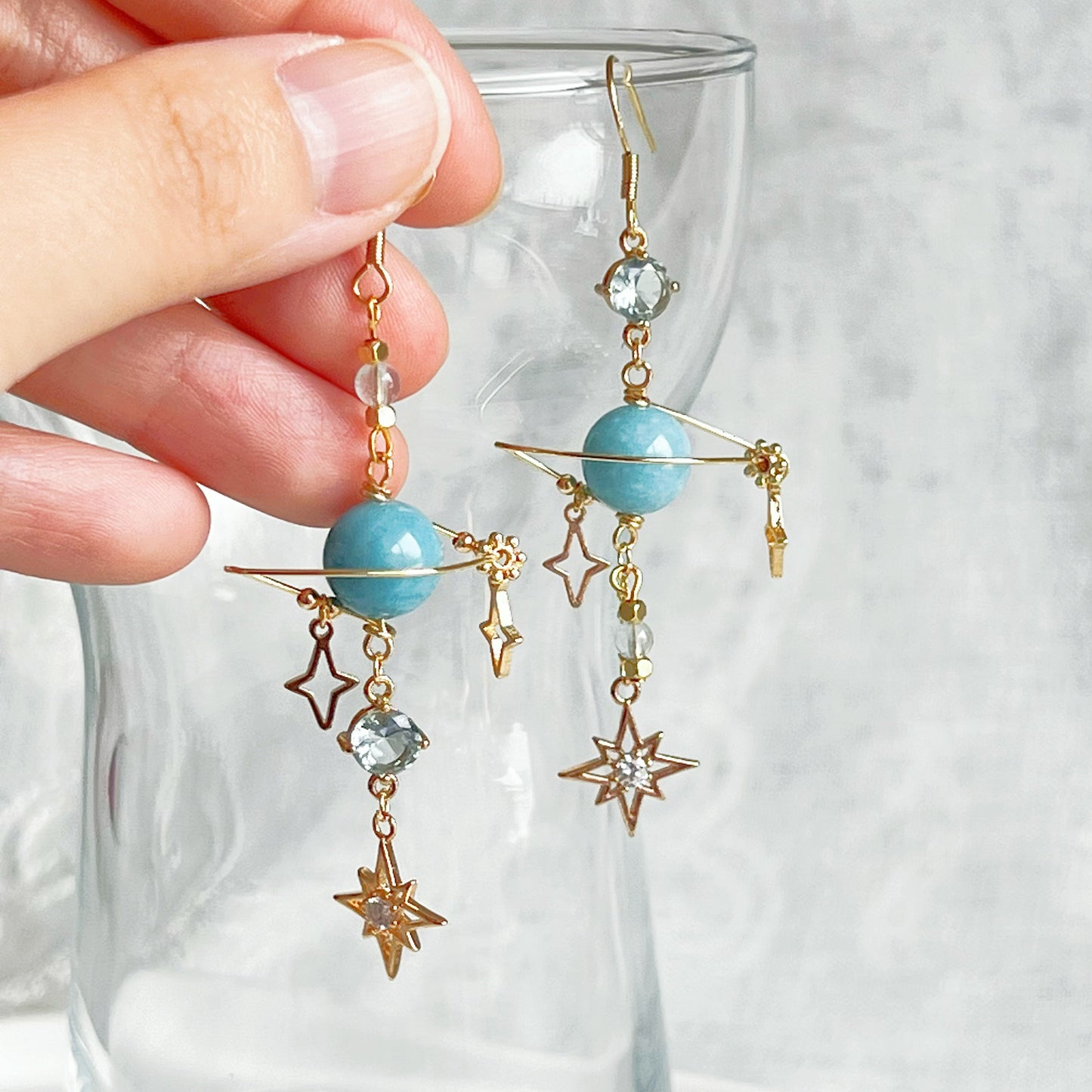 March Birthstone Aquamarine Planet Drop Earrings-Ninaouity