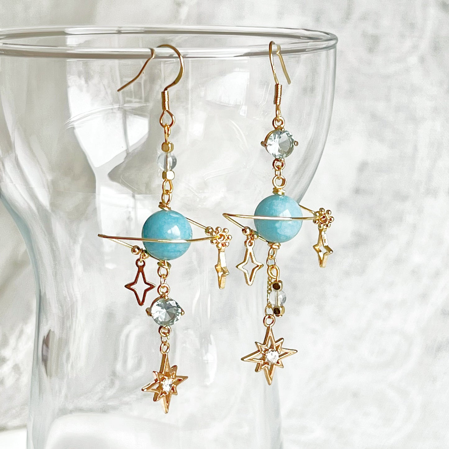 March Birthstone Aquamarine Planet Drop Earrings-Ninaouity