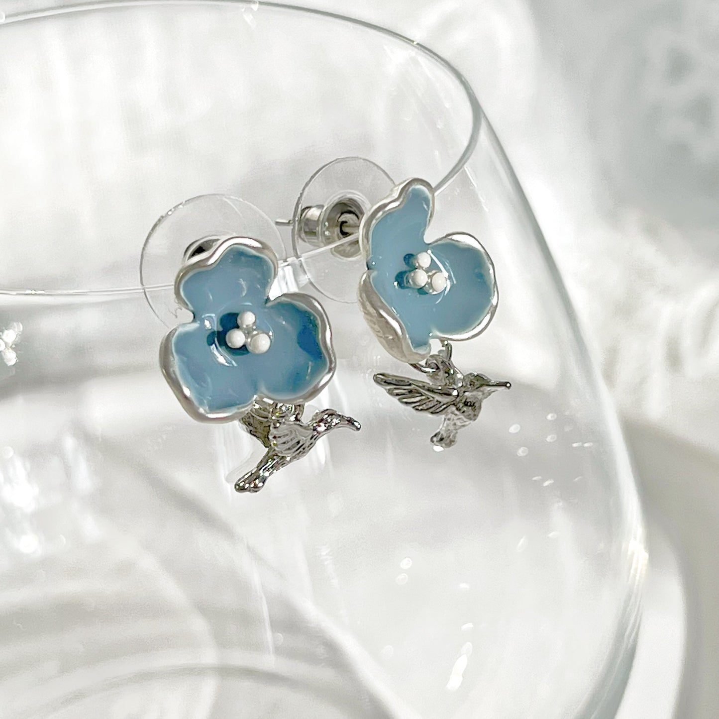 Meconopsis Blue Poppies Flower and Hummingbird Earrings-Ninaouity