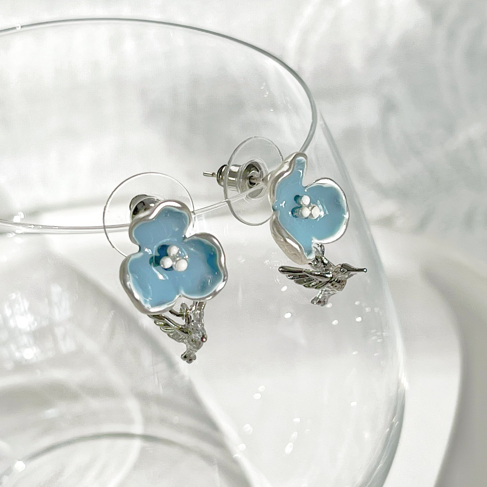 Meconopsis Blue Poppies Flower and Hummingbird Earrings-Ninaouity