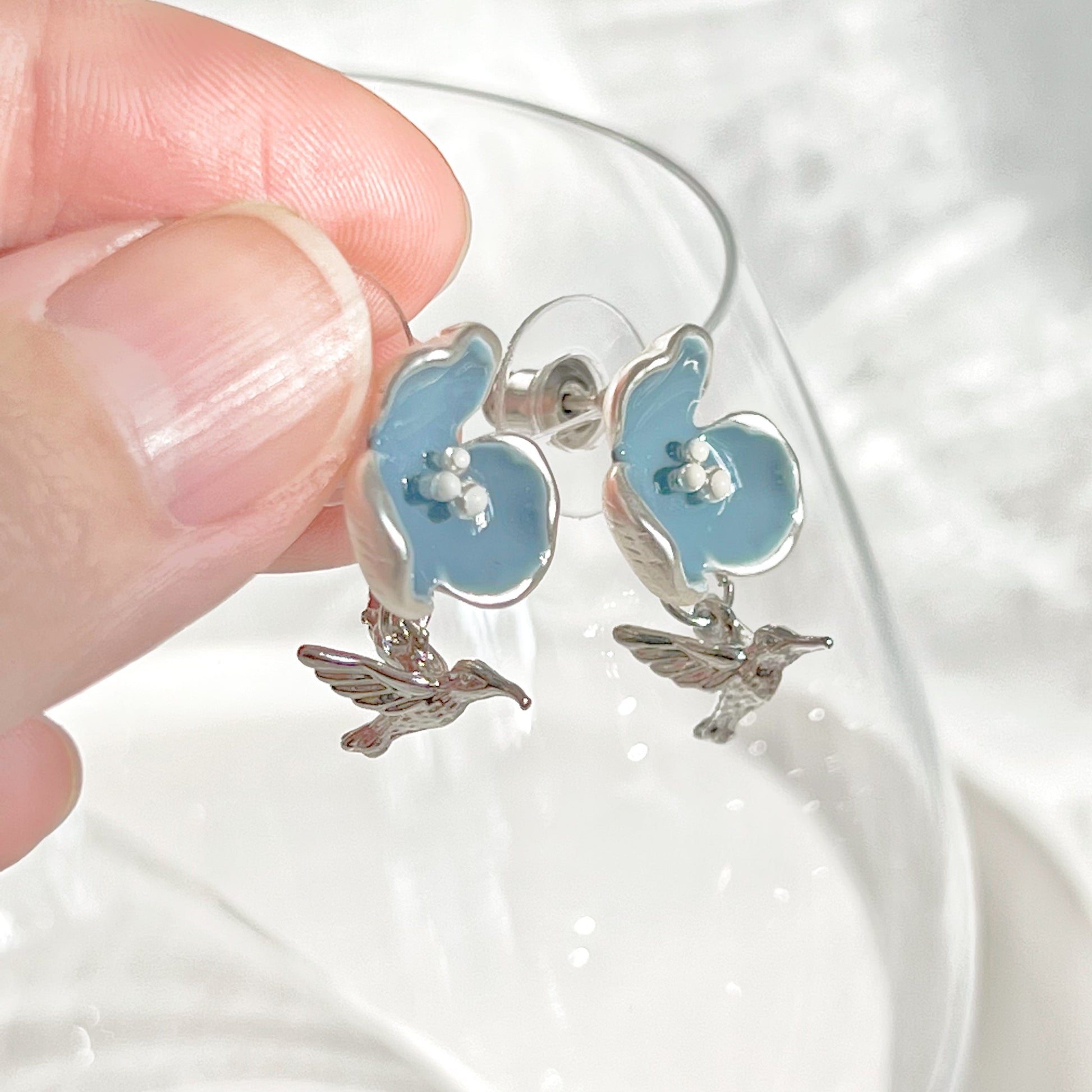 Meconopsis Blue Poppies Flower and Hummingbird Earrings-Ninaouity