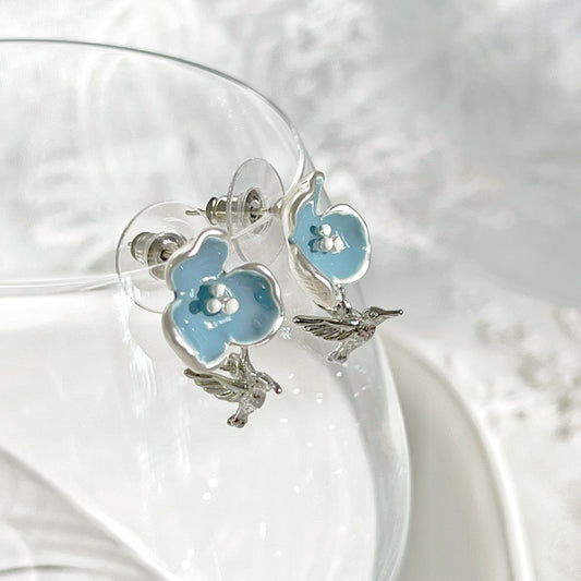 Meconopsis Blue Poppies Flower and Hummingbird Earrings-Ninaouity