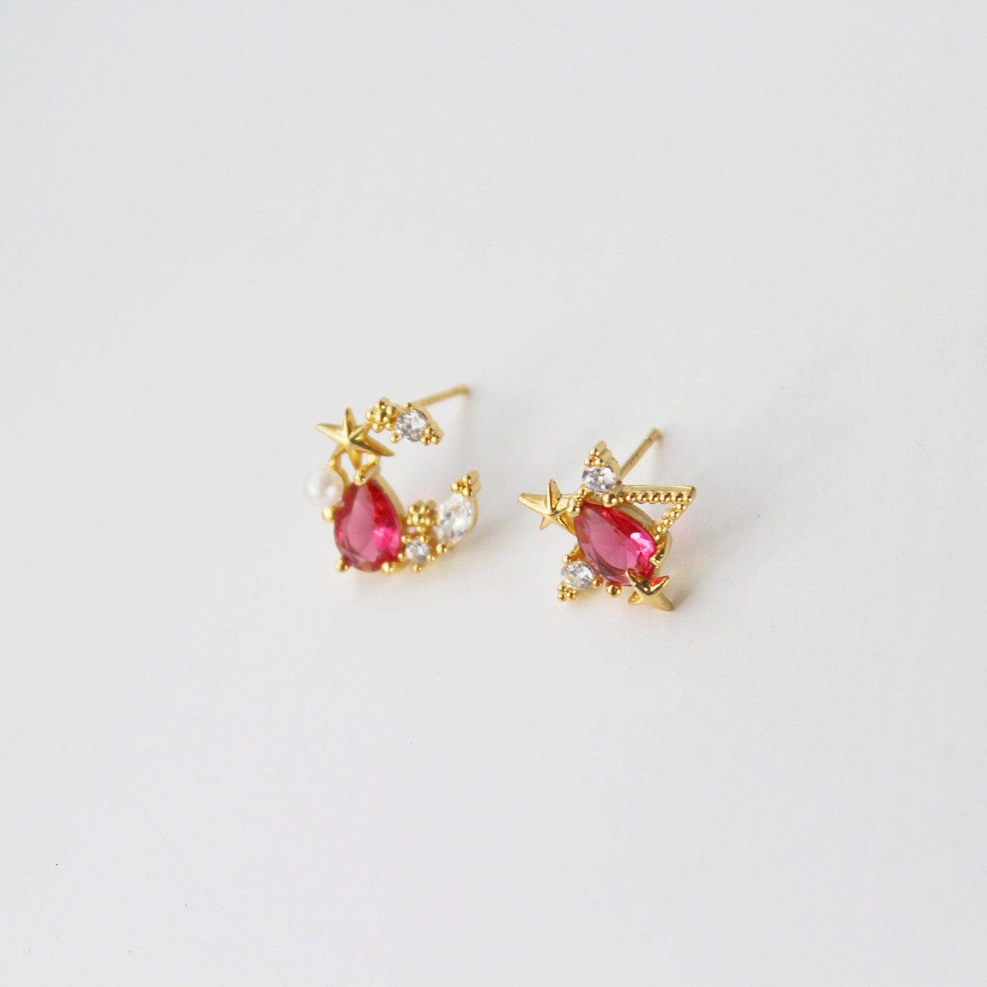 Mermaid's Tear Earrings  - Dark Pink Teardrop Crystal in Moon and Stars Studs-Ninaouity