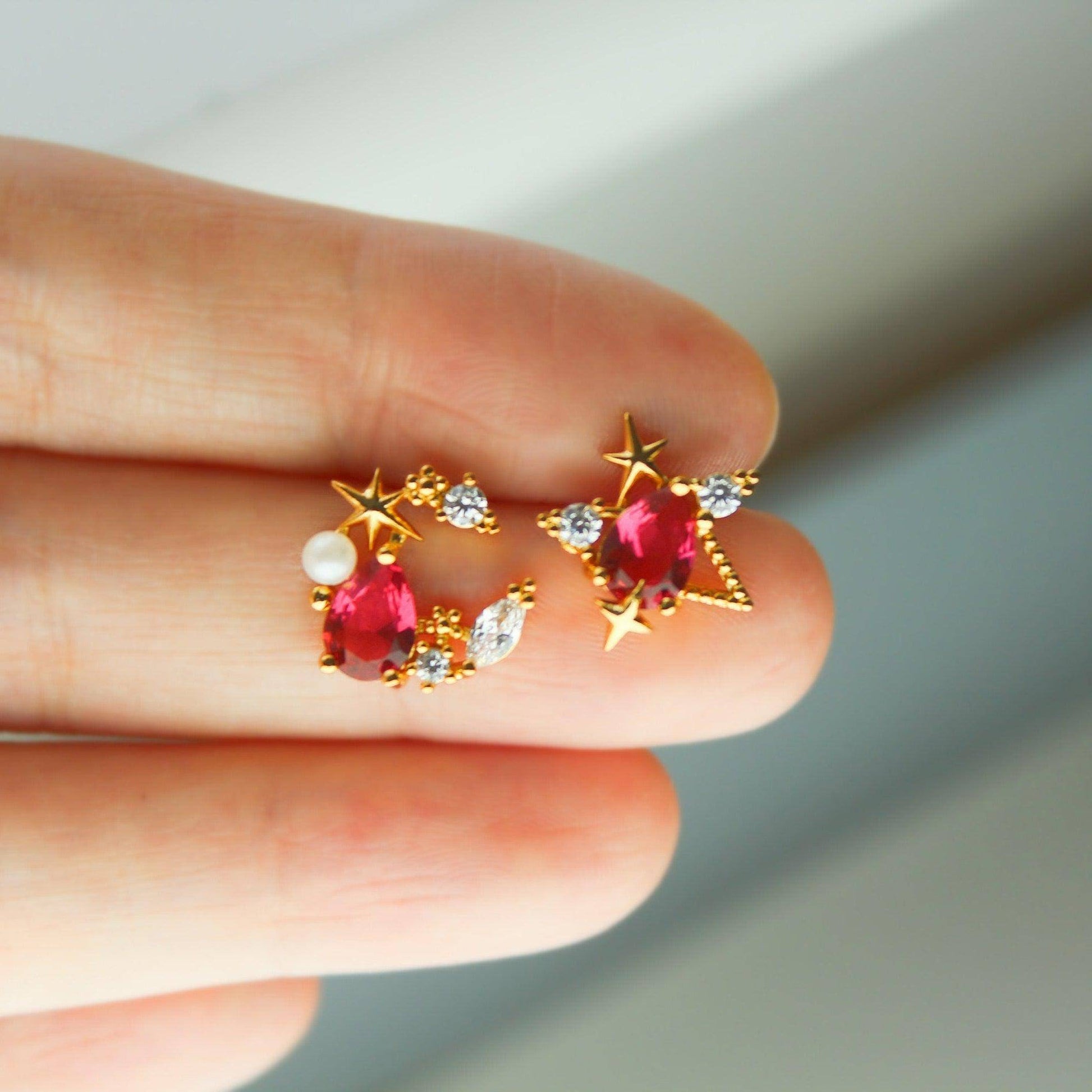 Mermaid's Tear Earrings  - Dark Pink Teardrop Crystal in Moon and Stars Studs-Ninaouity