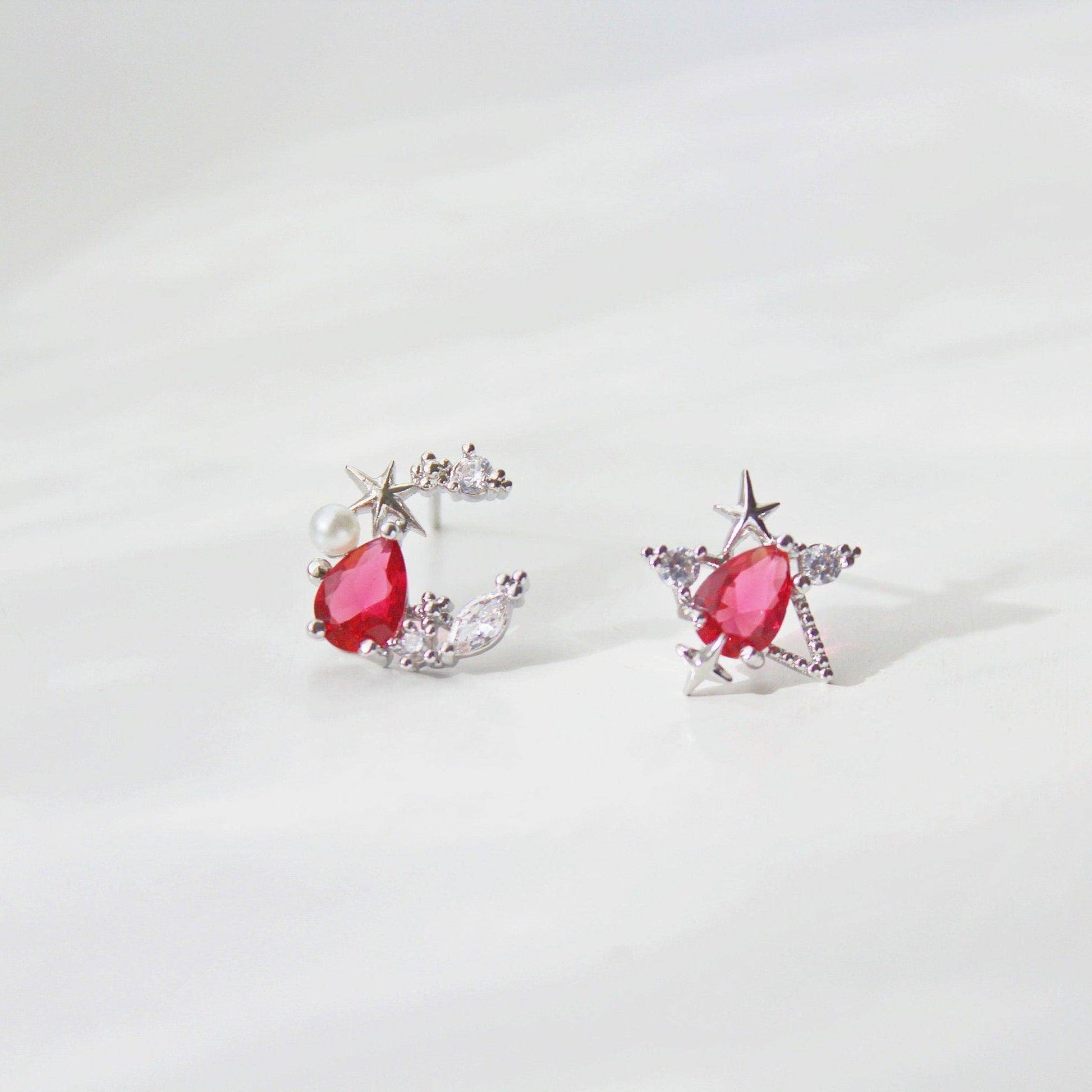 Mermaid's Tear Earrings  - Dark Pink Teardrop Crystal in Moon and Stars Studs-Ninaouity