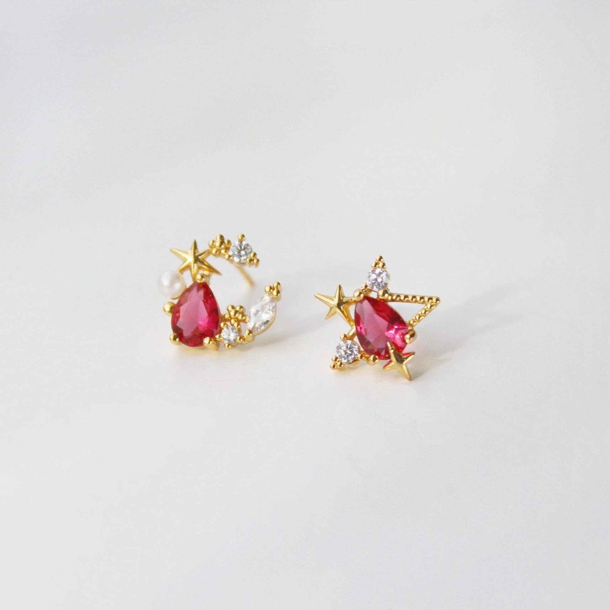 Mermaid's Tear Earrings  - Dark Pink Teardrop Crystal in Moon and Stars Studs-Ninaouity