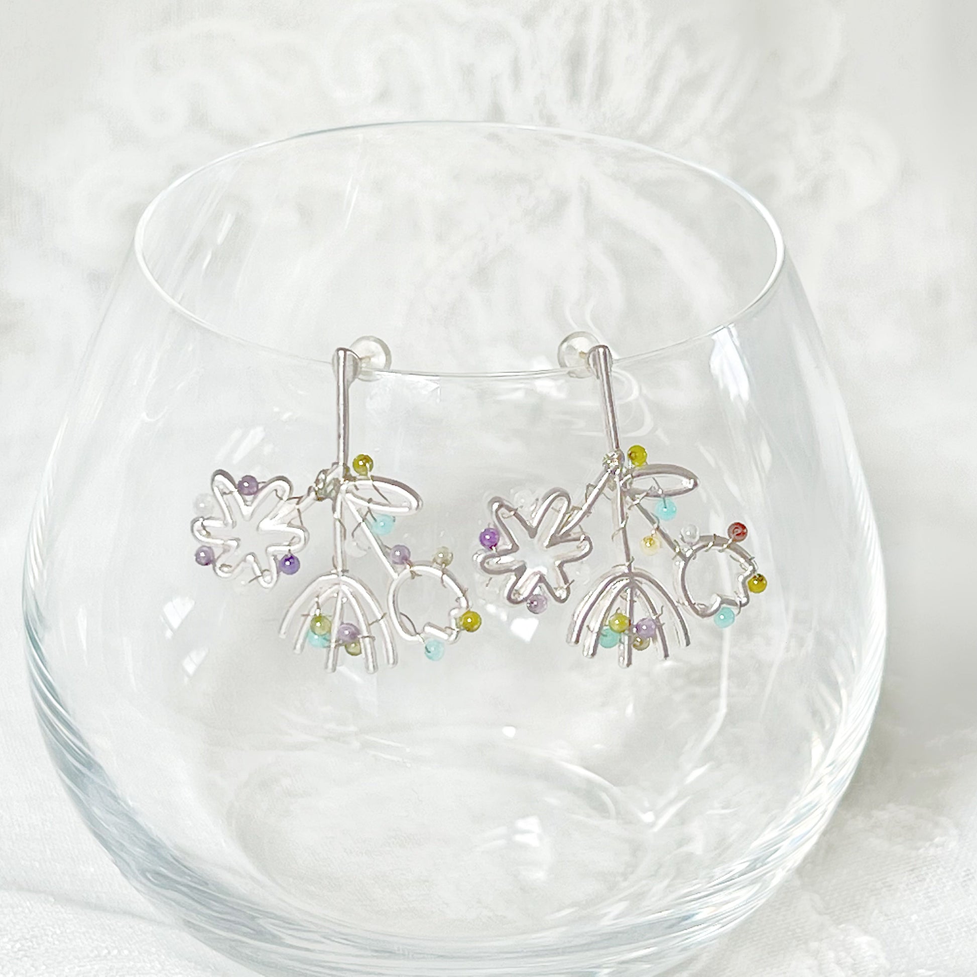 Mini Gemstones on Silver Wildflower Bouquet Earrings-Ninaouity