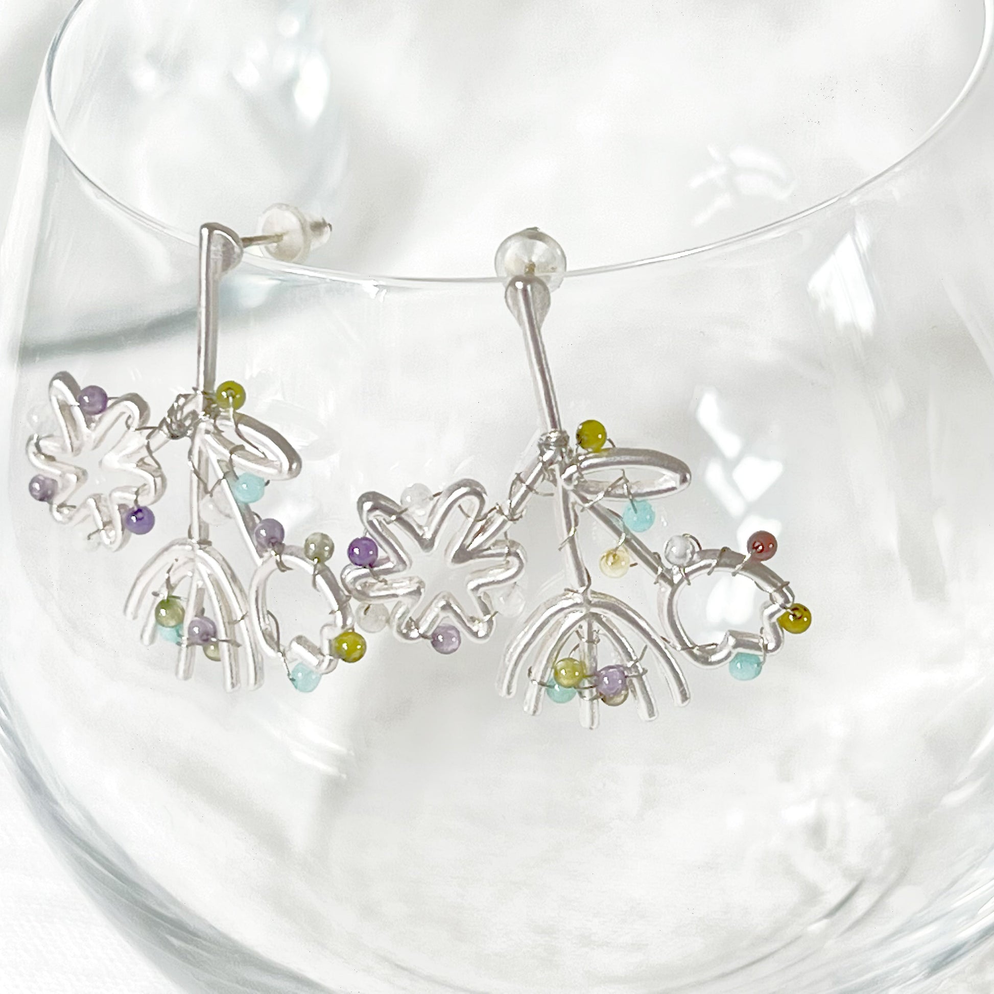 Mini Gemstones on Silver Wildflower Bouquet Earrings-Ninaouity