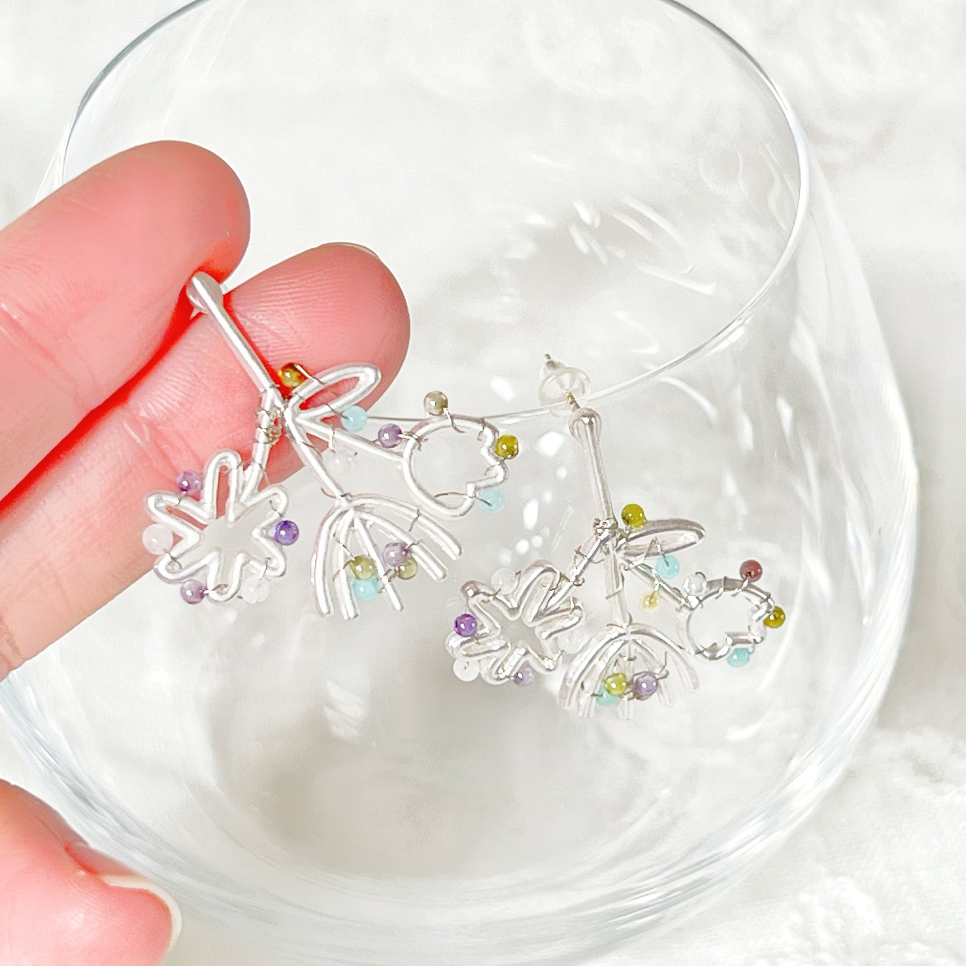 Mini Gemstones on Silver Wildflower Bouquet Earrings-Ninaouity