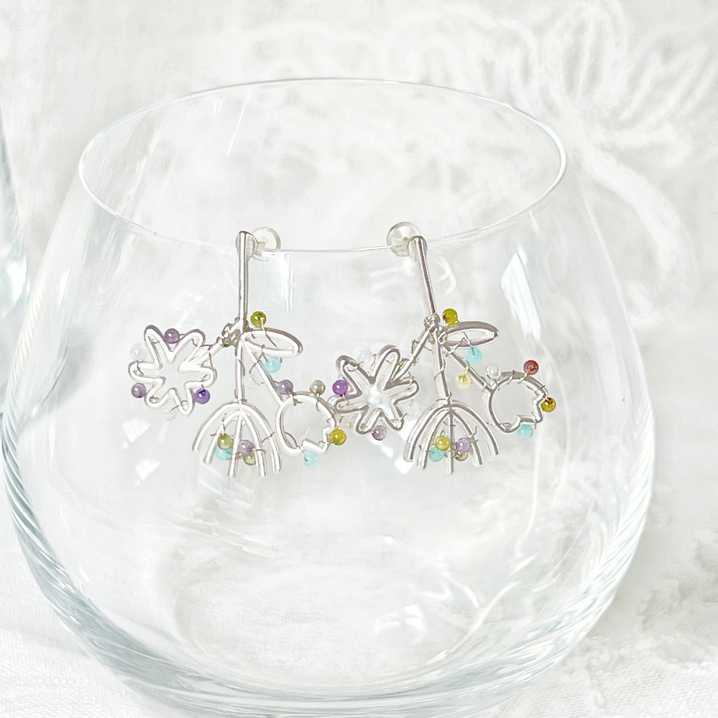 Mini Gemstones on Silver Wildflower Bouquet Earrings-Ninaouity
