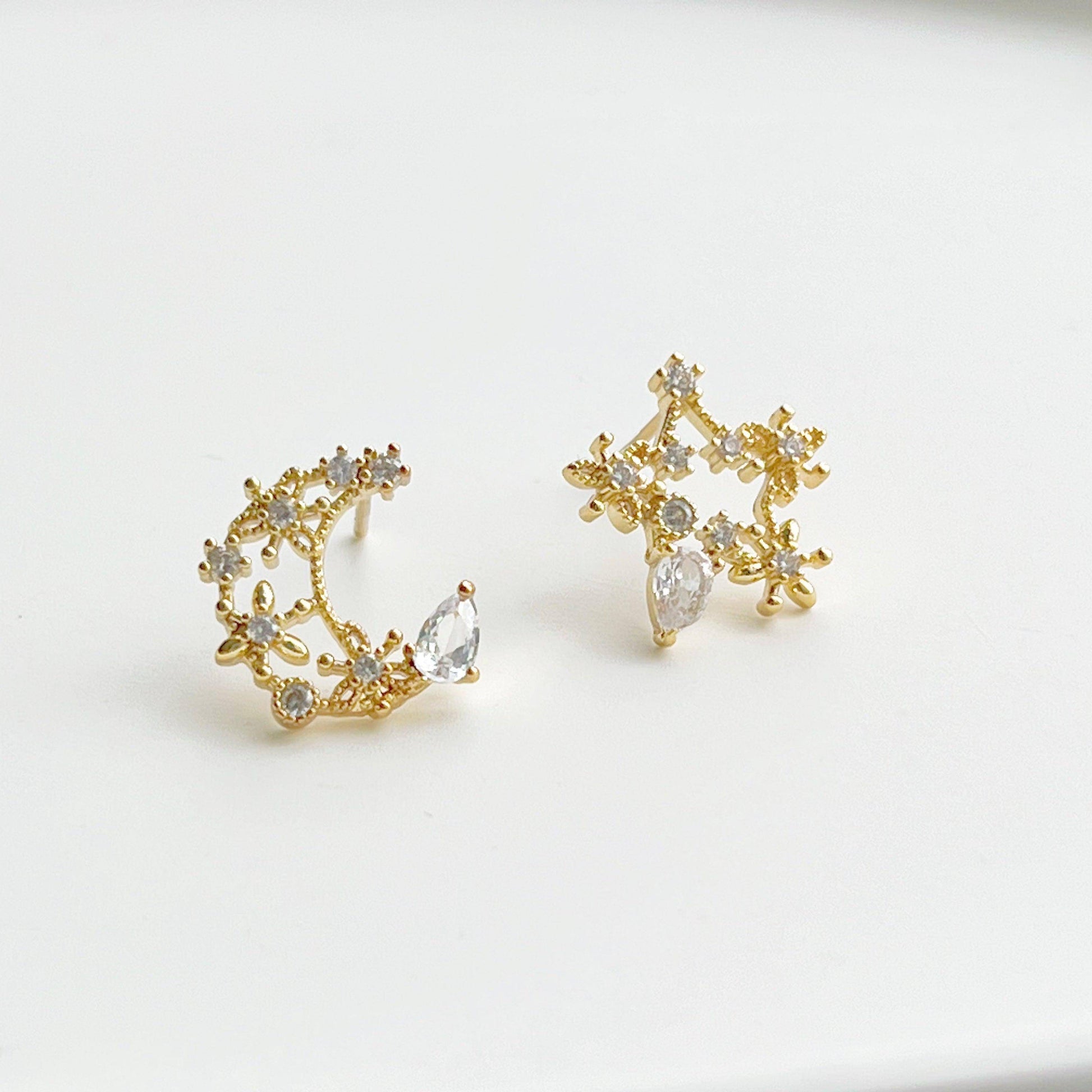 Moon and Star Earrings - Teardrop Crystal in Gold Moon and Stars Earrings-Ninaouity