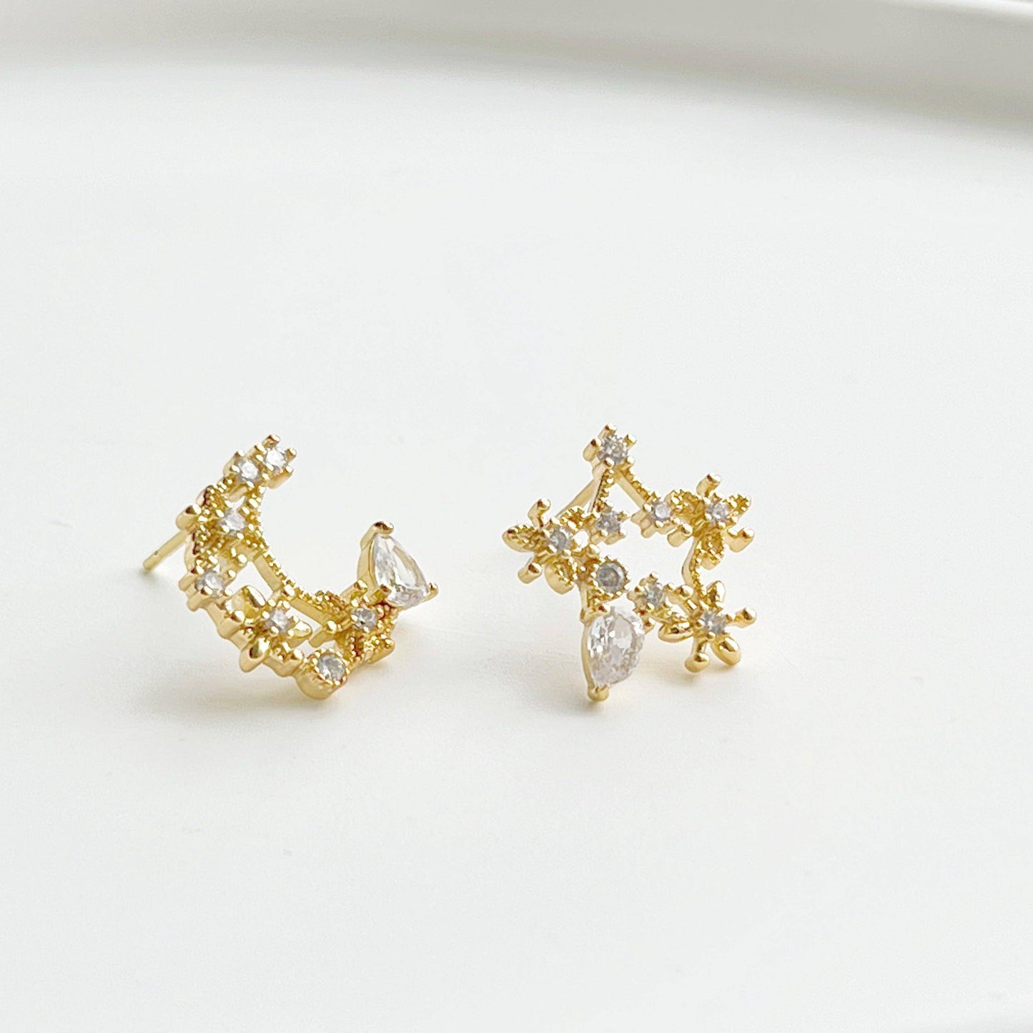 Moon and Star Earrings - Teardrop Crystal in Silver Moon and Stars Earrings-Ninaouity