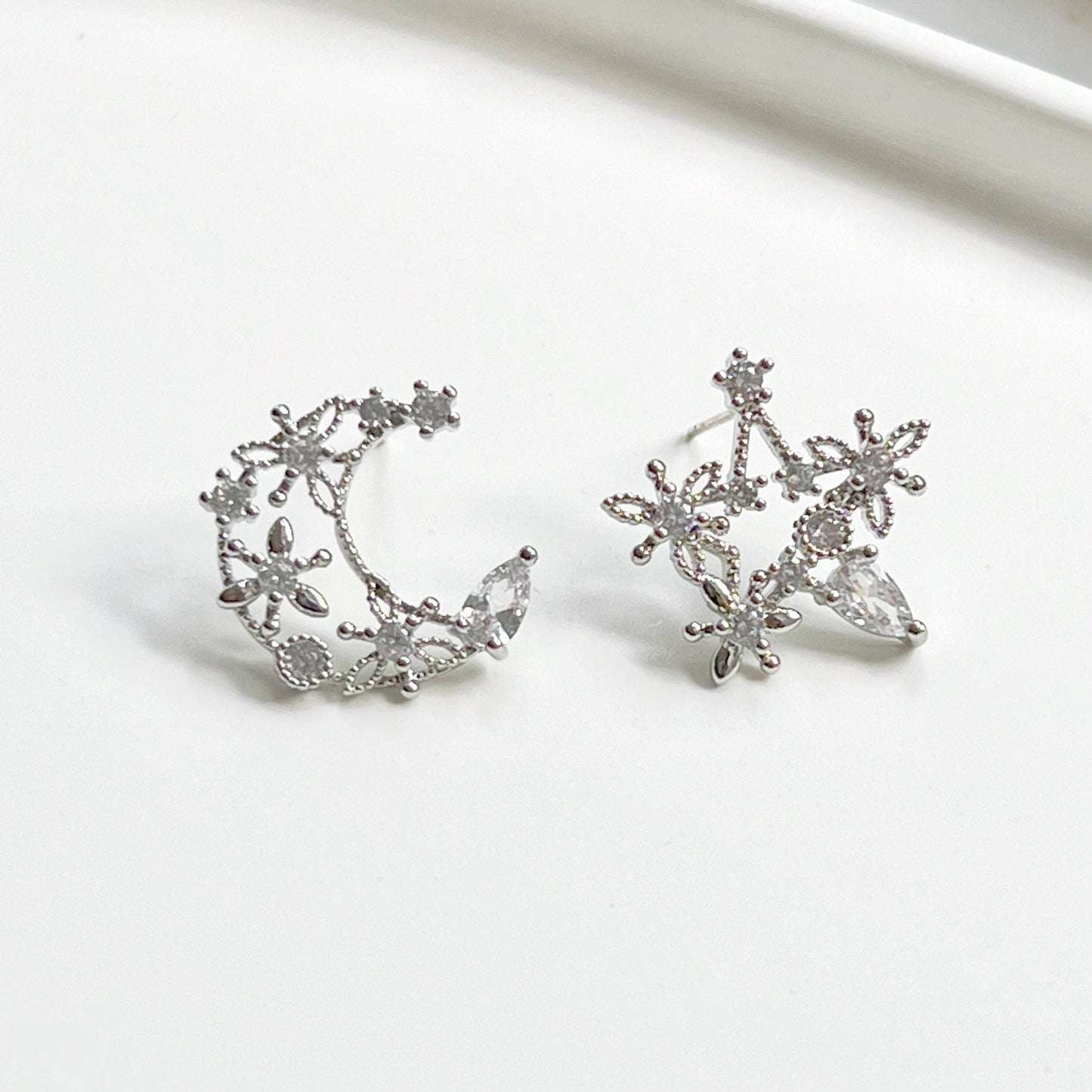 Moon and Star Earrings - Teardrop Crystal in Silver Moon and Stars Earrings-Ninaouity