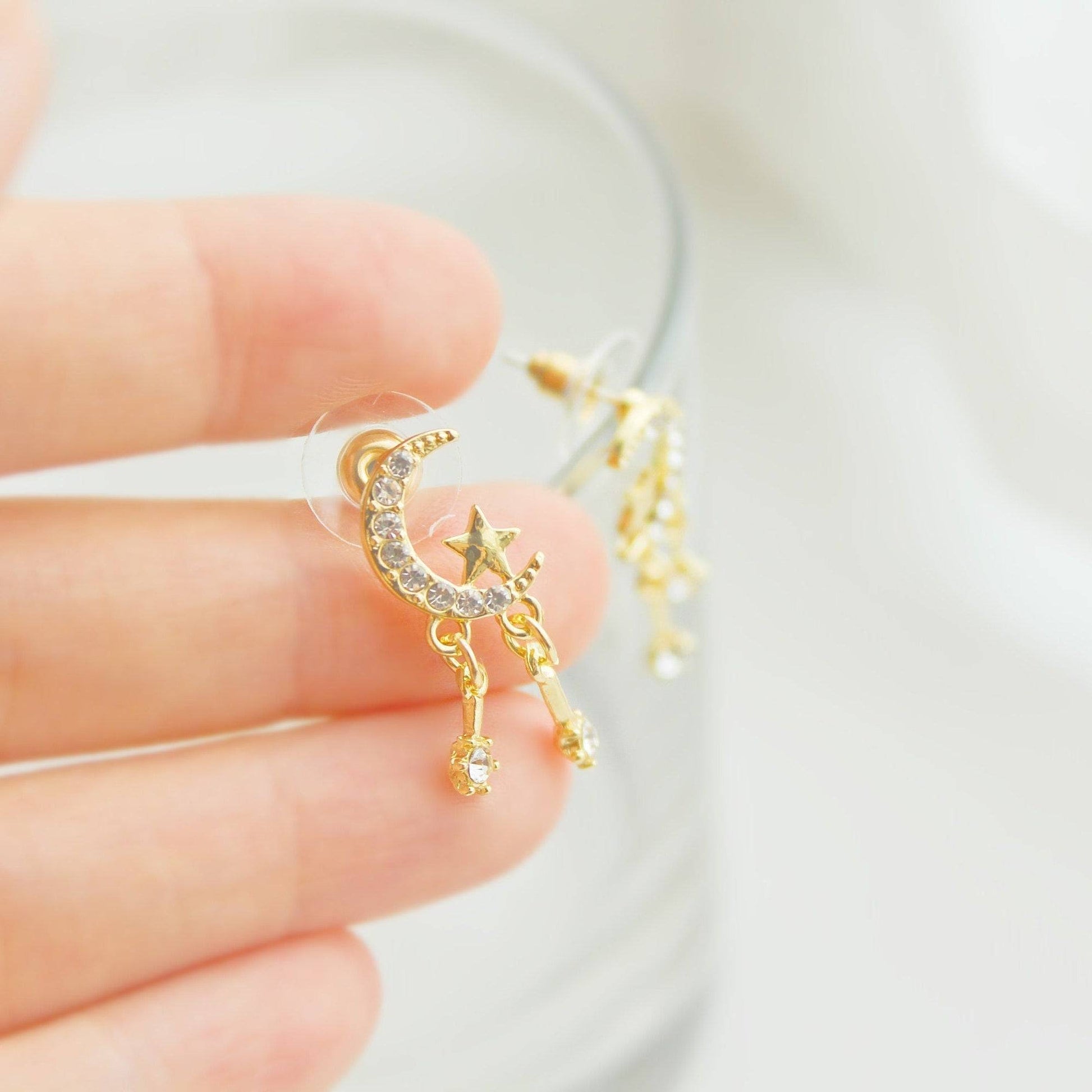 Moon and Stars Mini Crystal Drop Sterling Silver Stud Earrings-Ninaouity