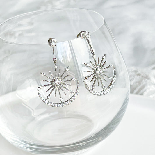 Moon and Stars Silver Drop Earrings-Ninaouity