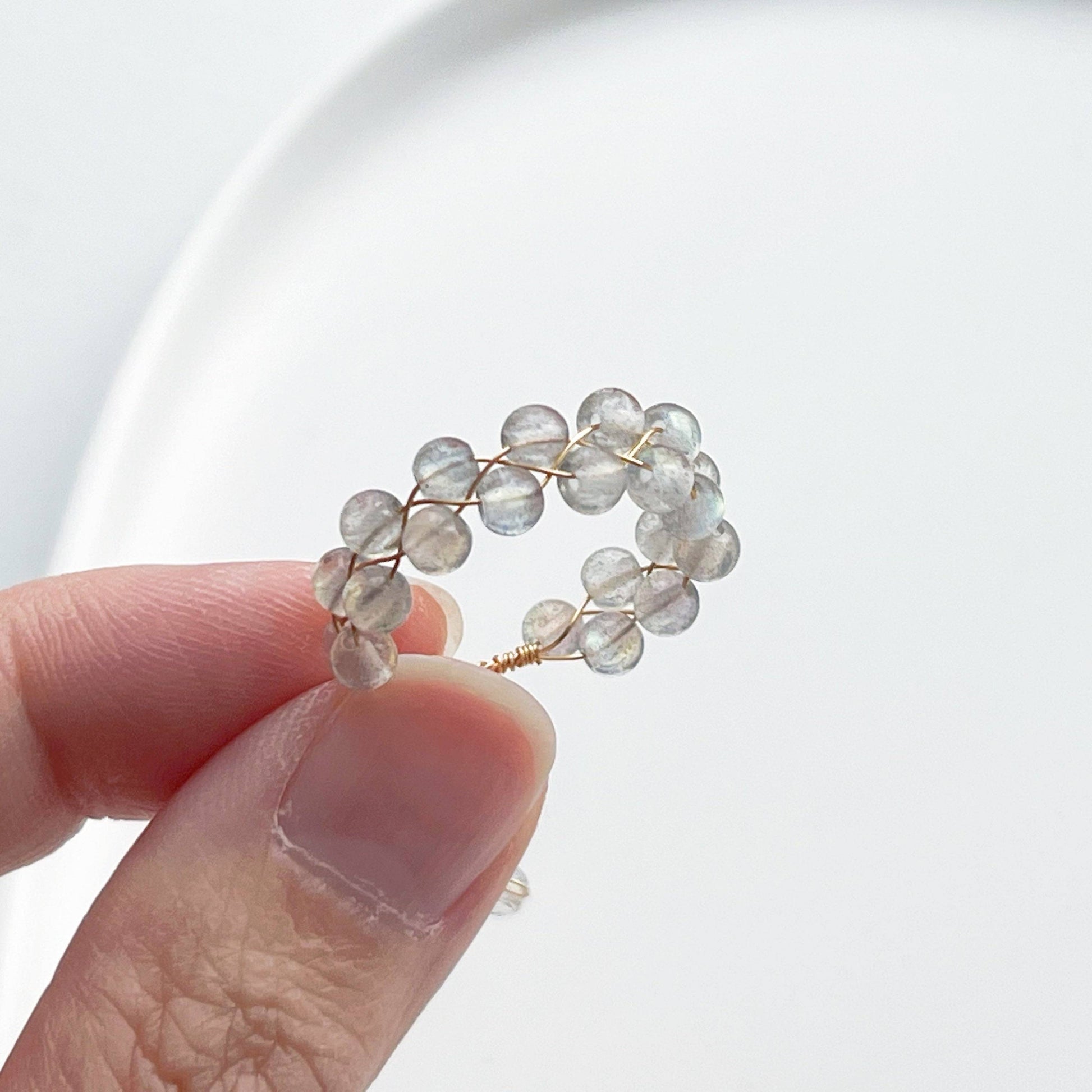 Moonstone Beaded Ring - Gemstone Adjustable Ring - June Birthstone-Ninaouity