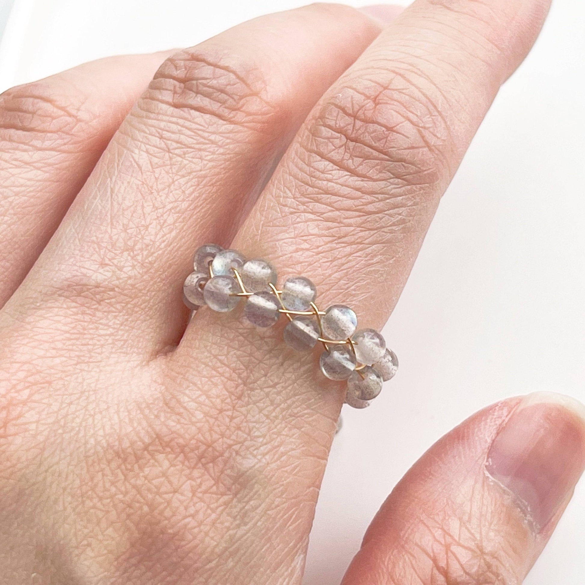 Moonstone Beaded Ring - Gemstone Adjustable Ring - June Birthstone-Ninaouity