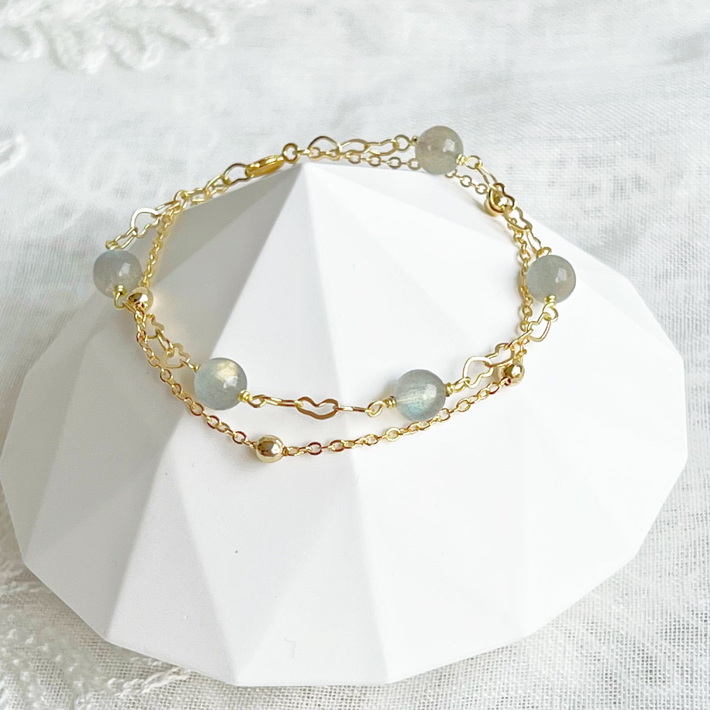 Moonstone Gold Heart Double Chain Bracelet-Ninaouity