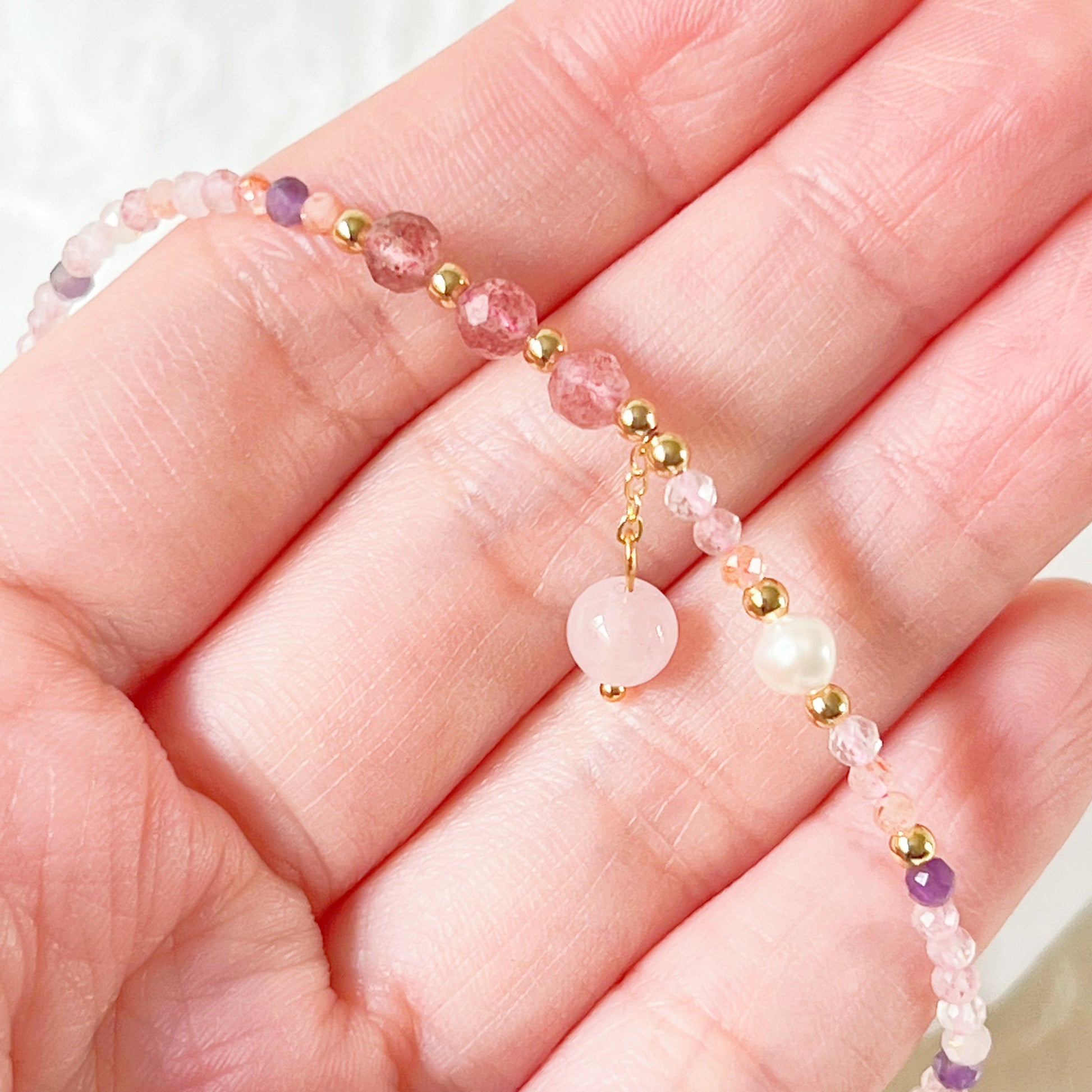 Natural Rose Quartz and Amethyst Beaded Ankle Bracelet-Ninaouity