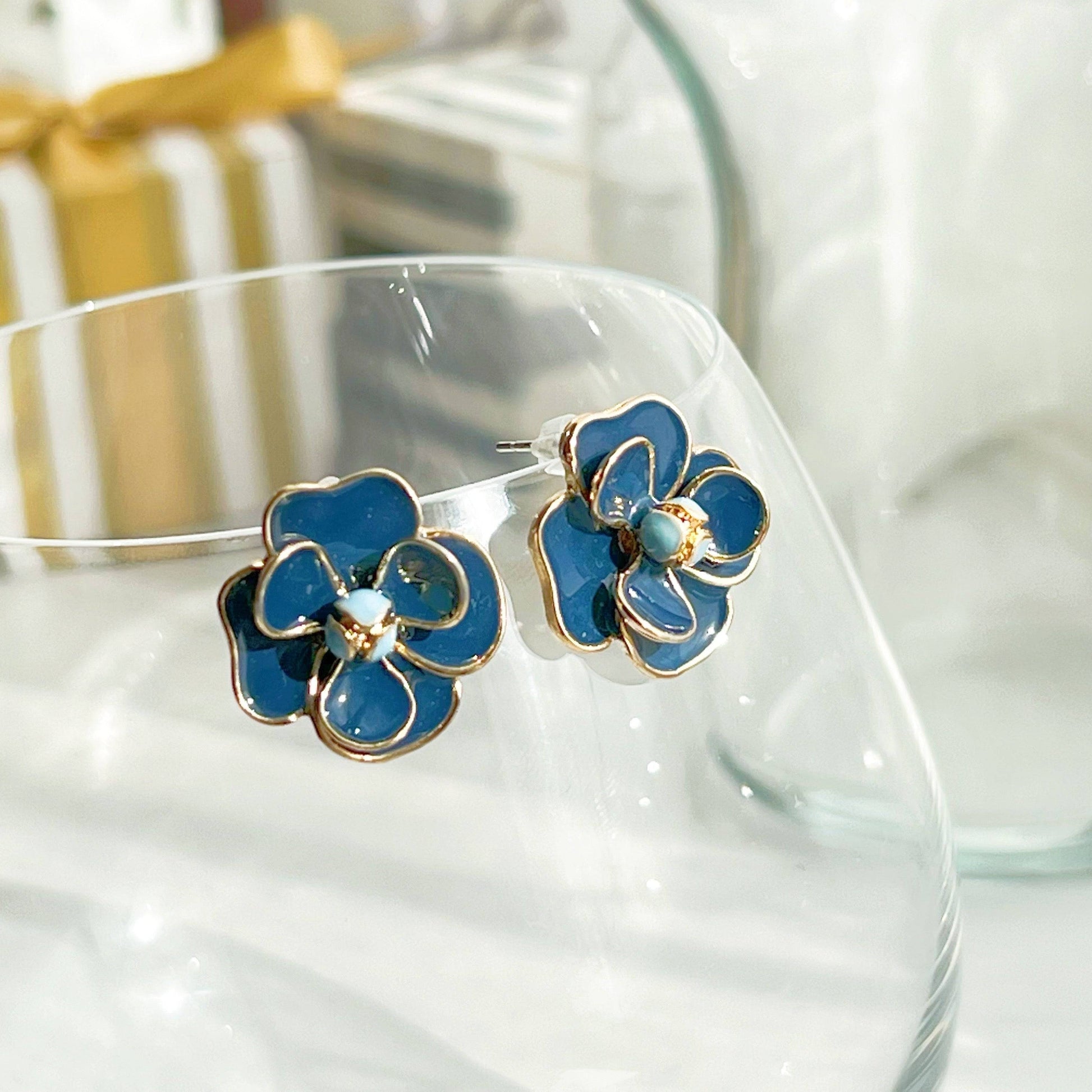Navy Blue Rose Earrings - Flower Shape Sterling Silver Stud Earrings-Ninaouity