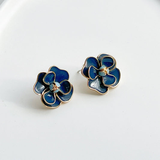 Navy Blue Rose Earrings - Flower Shape Sterling Silver Stud Earrings-Ninaouity