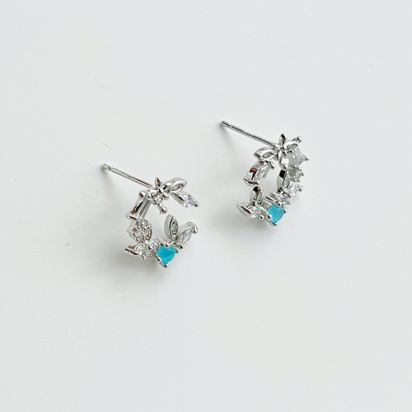 Olive Leave Crown Earrings - Leave Wreath with Blue Crystal Stud Earrings-Ninaouity