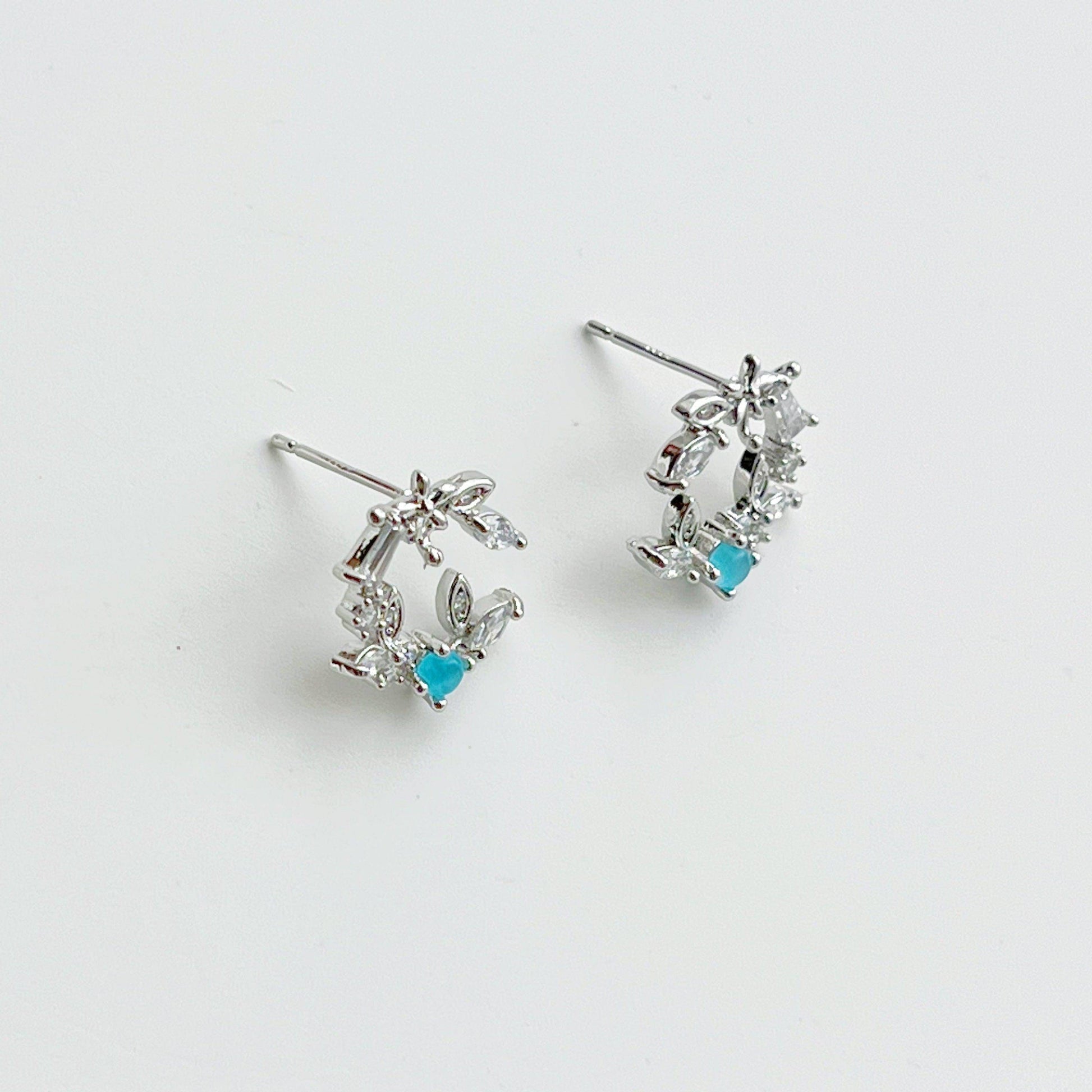Olive Leave Crown Earrings - Leave Wreath with Blue Crystal Stud Earrings-Ninaouity