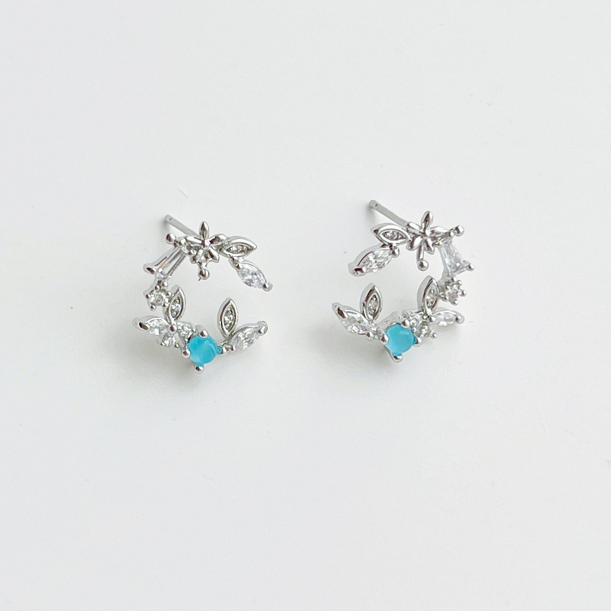 Olive Leave Crown Earrings - Leave Wreath with Blue Crystal Stud Earrings-Ninaouity