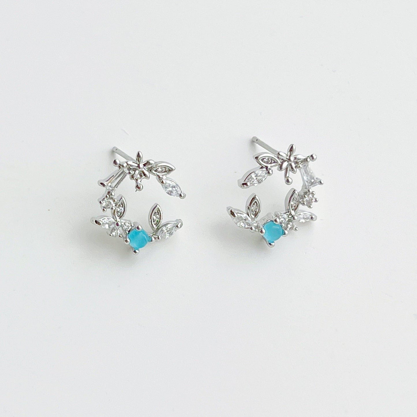 Olive Leave Crown Earrings - Leave Wreath with Blue Crystal Stud Earrings-Ninaouity