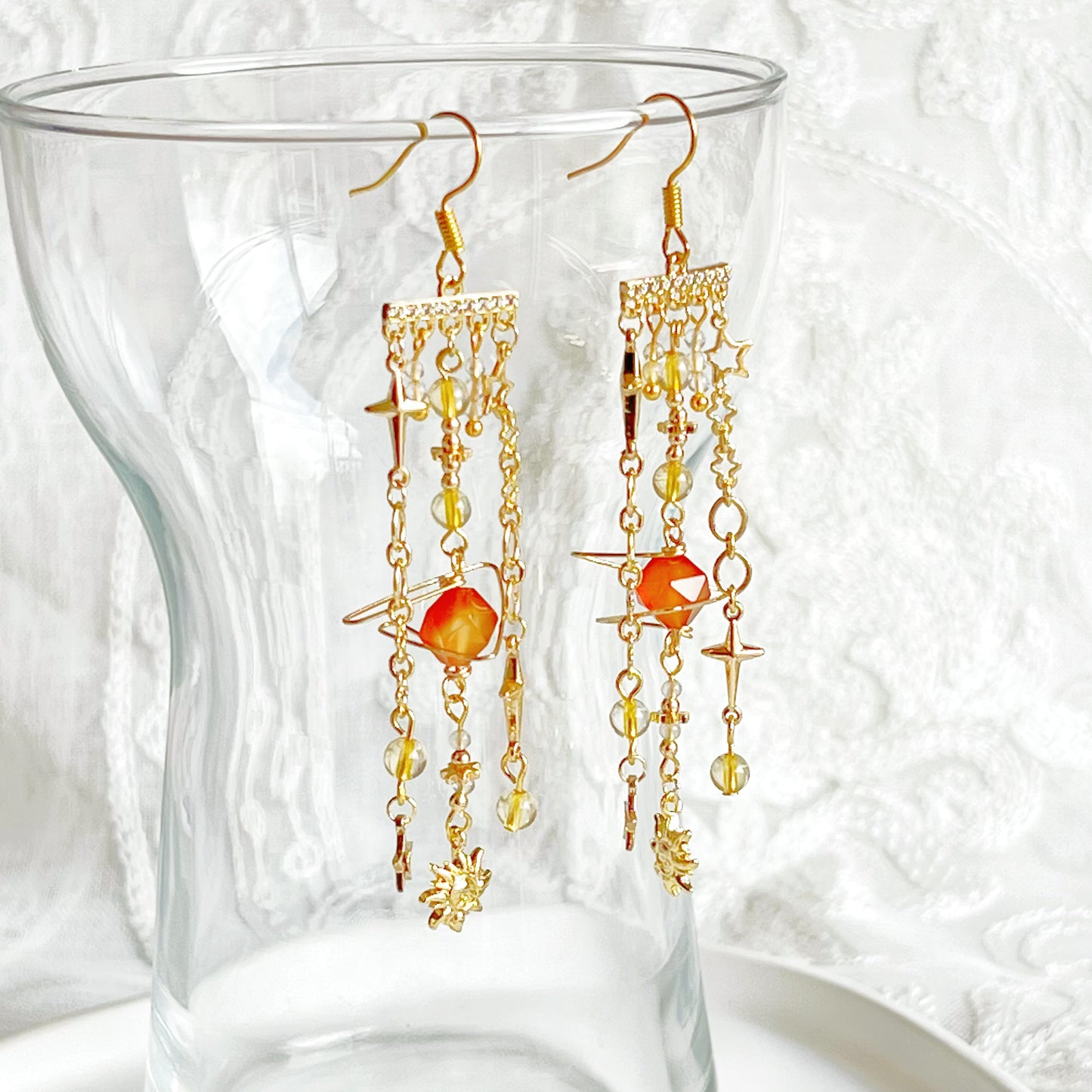 Orange Agate Planet Moon and Star Earrings-Ninaouity