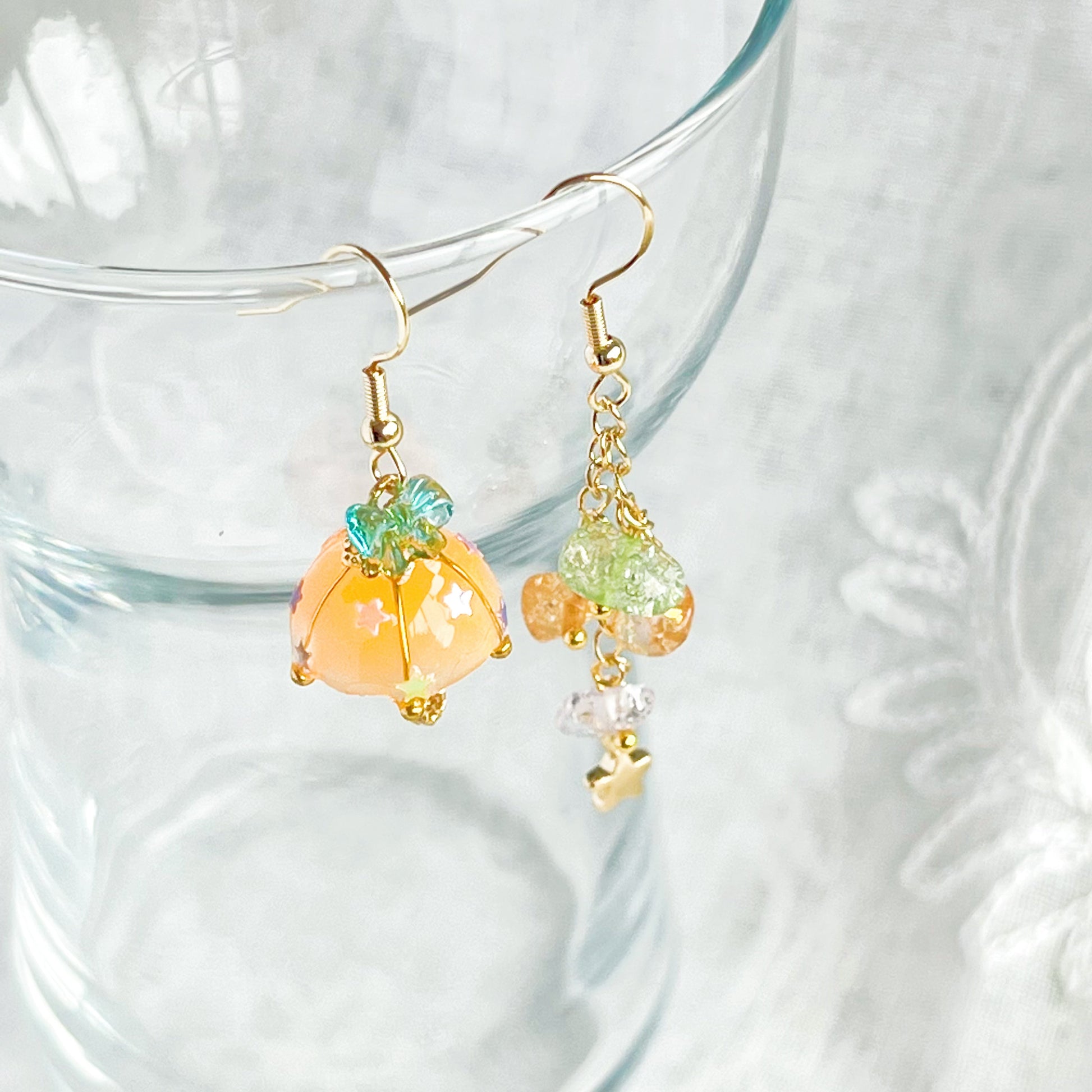Orange with Blue Bow Umbrella and Rainbow Stones Mismatch Drop Earrings-Ninaouity