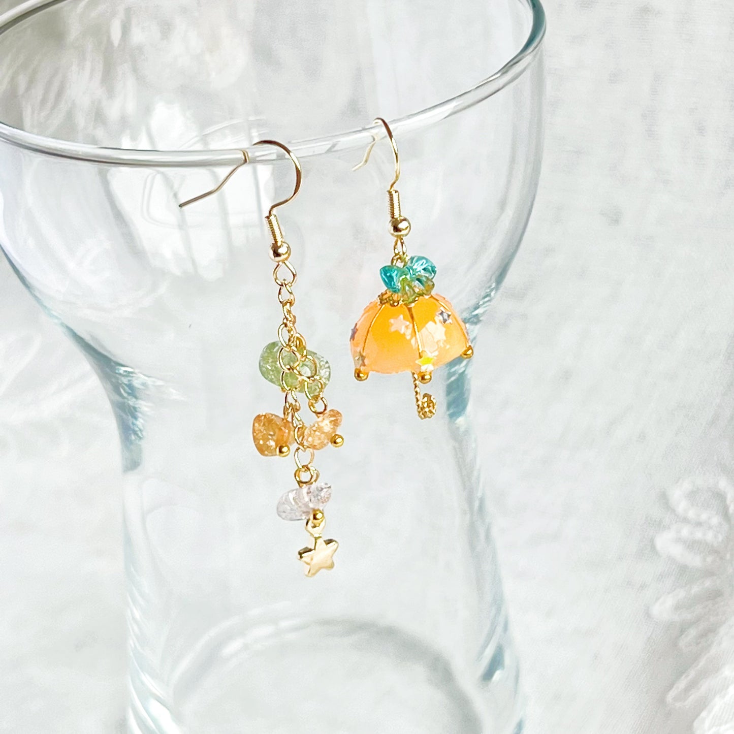 Orange with Blue Bow Umbrella and Rainbow Stones Mismatch Drop Earrings-Ninaouity