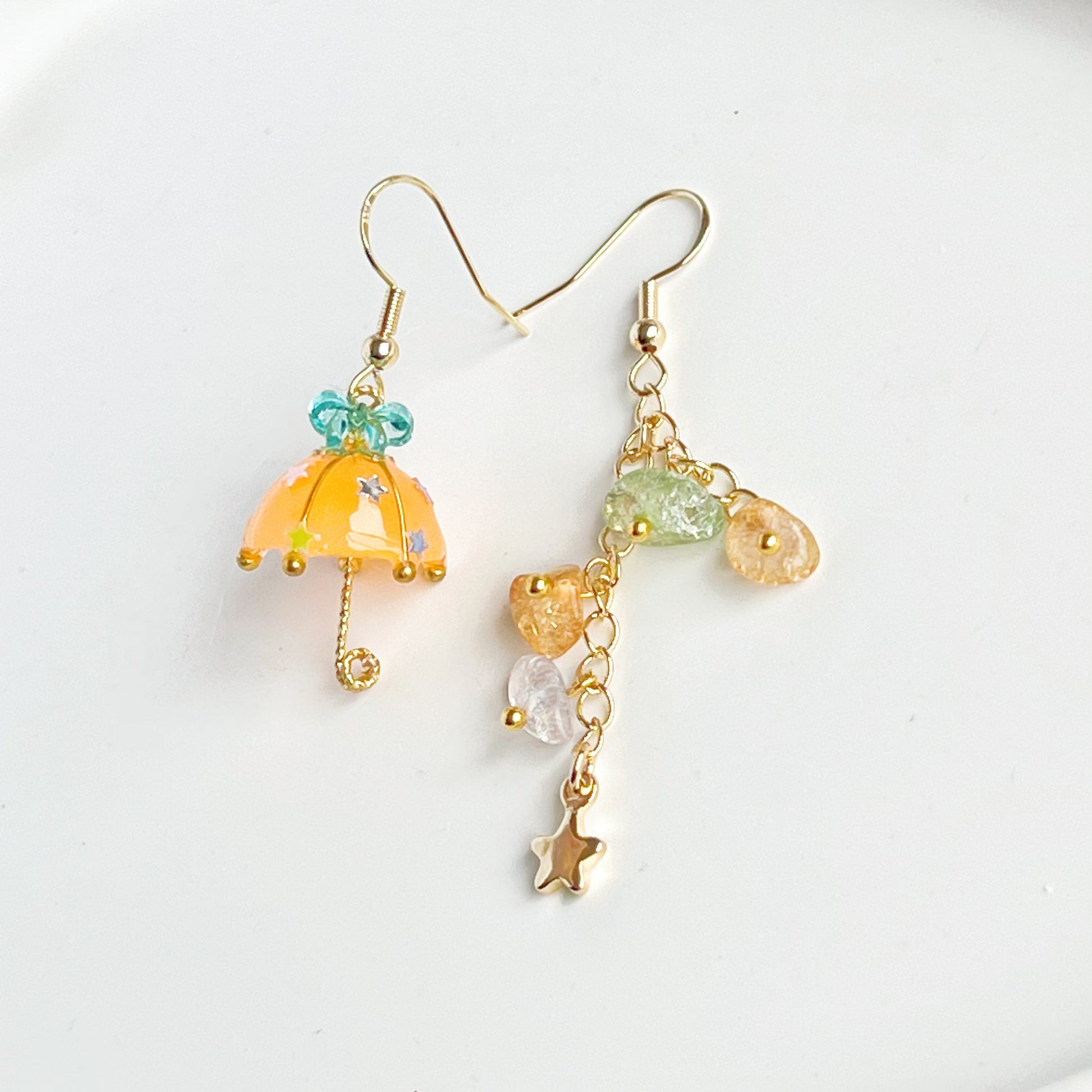 Orange with Blue Bow Umbrella and Rainbow Stones Mismatch Drop Earrings-Ninaouity